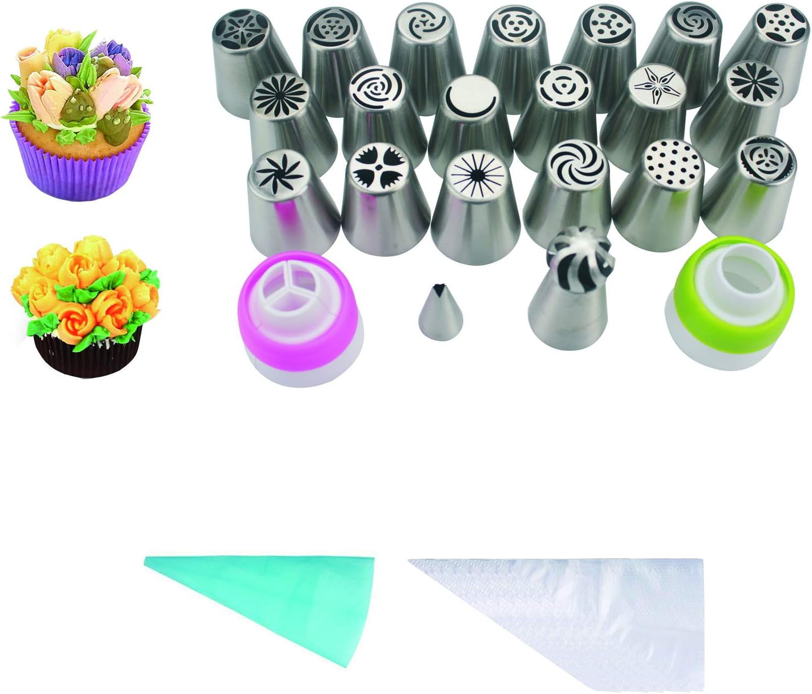 Russian Piping Tips 74 Pcs Cake Decorating Supplies Kit 19 Icing Nozzles 1 Leaf Tip 1 Sphere Ball Tip 1 Single Coupler 1 Tricolor Coupler 50 Disposable Pastry Bags 1 Reusable Silicone Pastry Bag