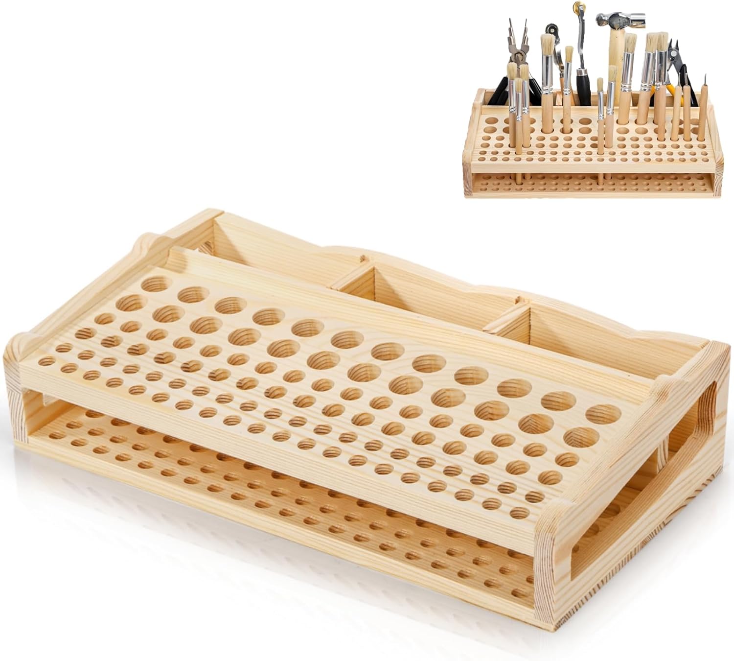 Acshio Leather Craft Tool Holder: 98-Hole Wooden Organizer with 3 Slots for Punches, Brushes & Leatherworking Tools