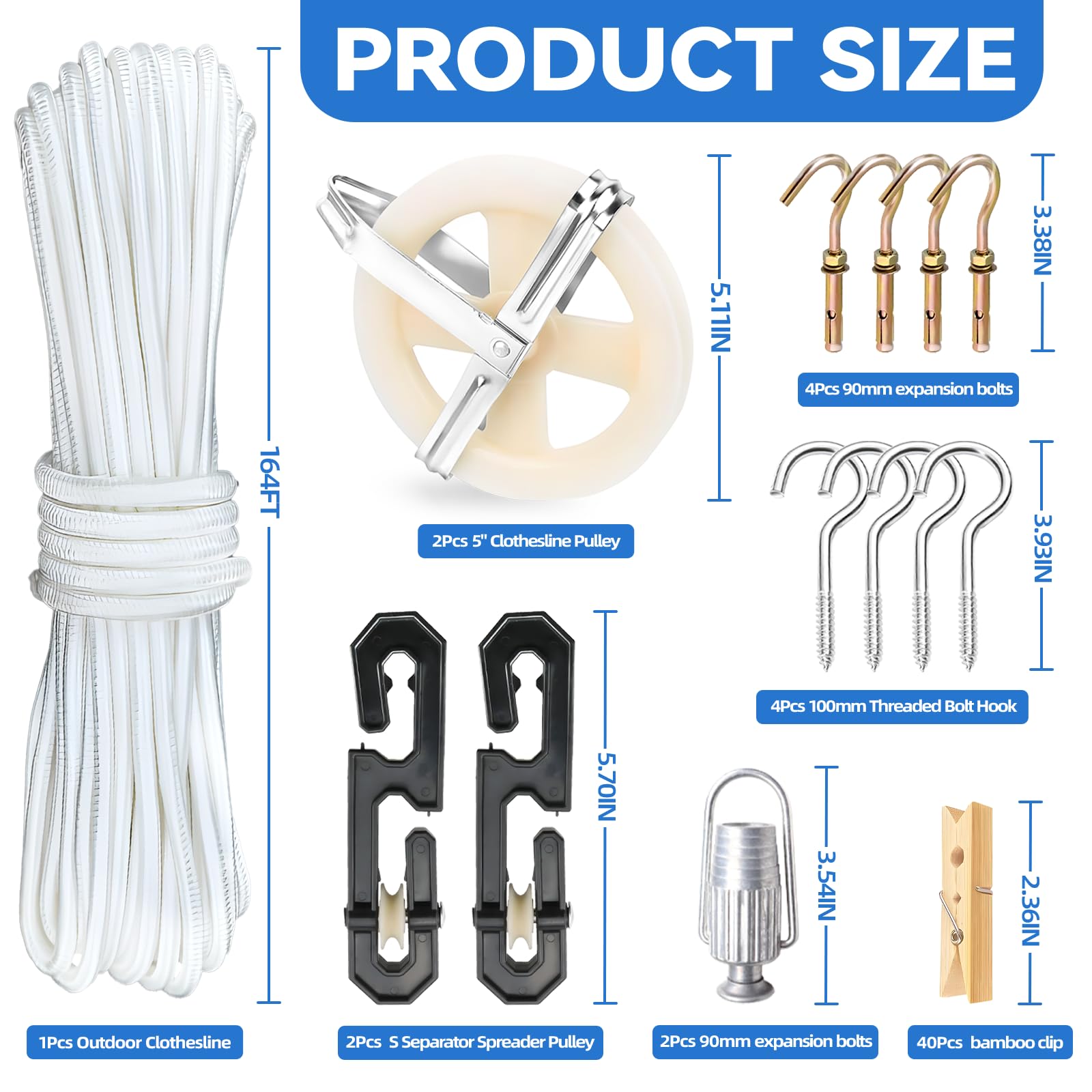 Wäscheleine Seilzug Kit, 50m Polyester Wäscheleine Seil Outdoor | Wäscheleine Seilzug Kit, mit S Separator Spreizer, Seilspanner, Haken für Kleidung, Wäscheleine Kit Outdoor