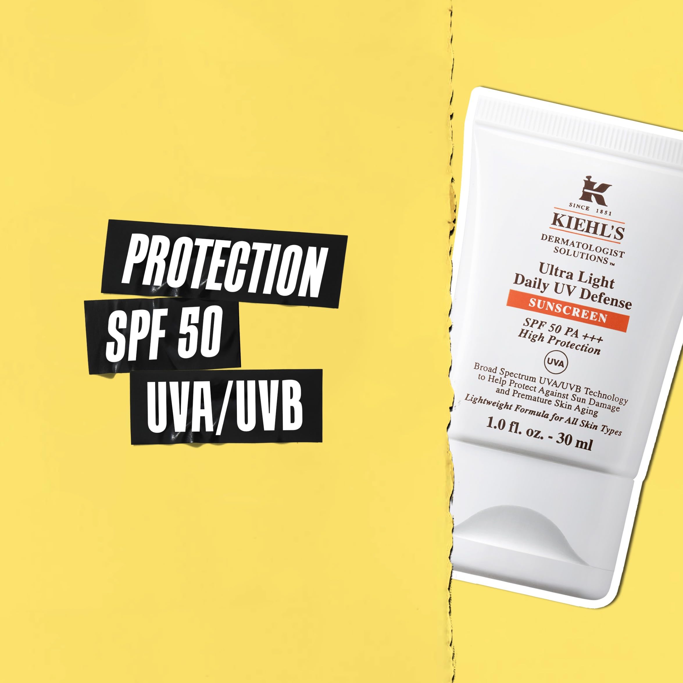 Kiehl's, Fluide Solaire Visage Quotidien Ultra Léger SPF 50, Protection Anti-Pollution, Protection Anti-UVA/UVB, Tous Types de Peau