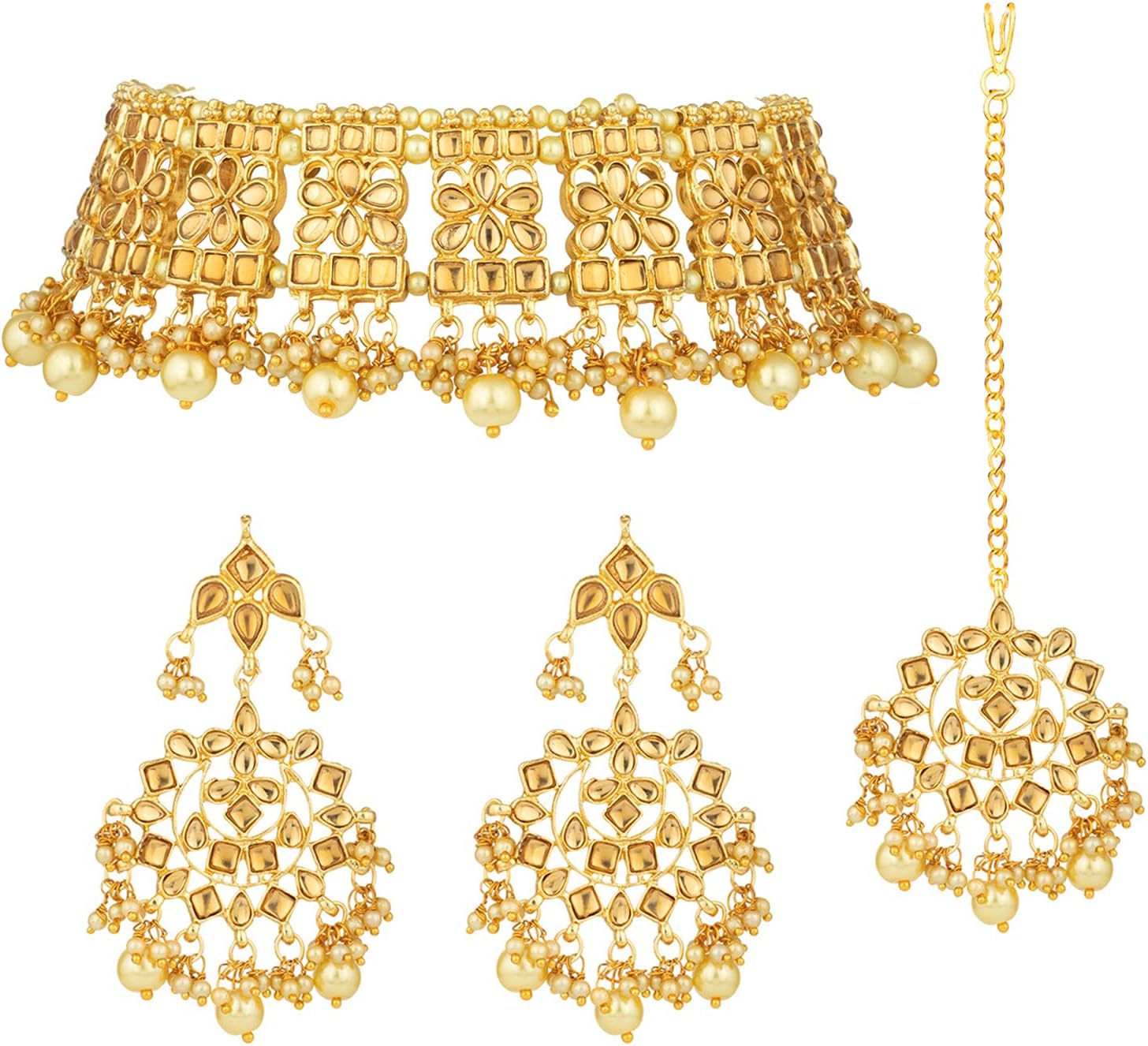 Aheli Elegant Indian Faux Kundan Studded Choker Necklace with Maang Tikka Set Ethnic Wedding Wear Bharatanatyam jewellery set Gift for Women