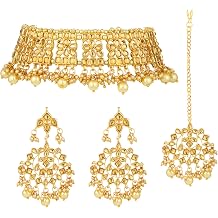 Aheli Elegant Indian Faux Kundan Studded Choker Necklace with Maang Tikka Set Ethnic Wedding Wear Bharatanatyam jewellery set Gift for Women