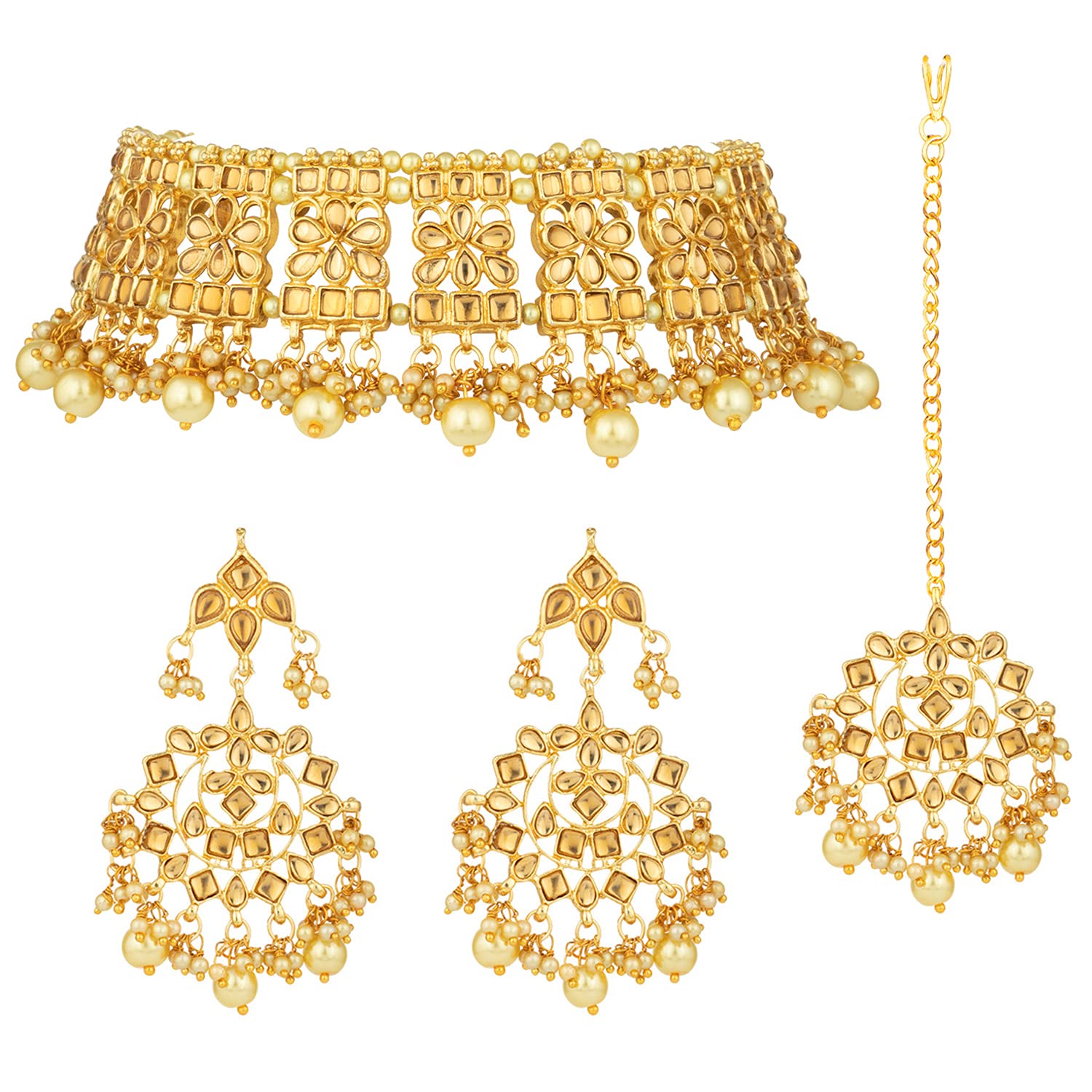 AheliElegant Indian Faux Kundan Studded Choker Necklace with Maang Tikka Set Ethnic Wedding Wear Fashion Jewelry Gift for Women