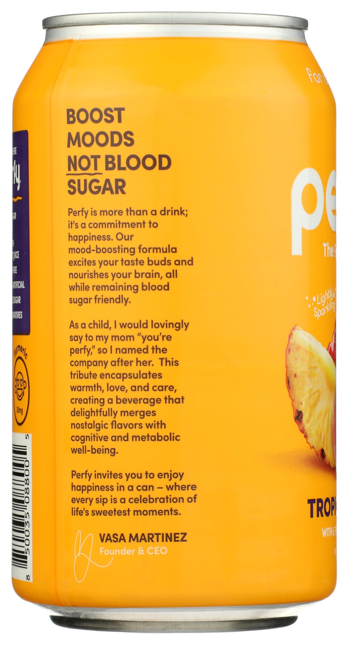 PERFY Soda Superfood Nootropic Soft Drink | Low Sugar, Low Carb, Gluten Free, Caffeine Free, Keto Soda | All Natural Soft Drink Made With Real Fruit Juice, L-theanine & turmeric | 12 Pack (Tropical Citrus)