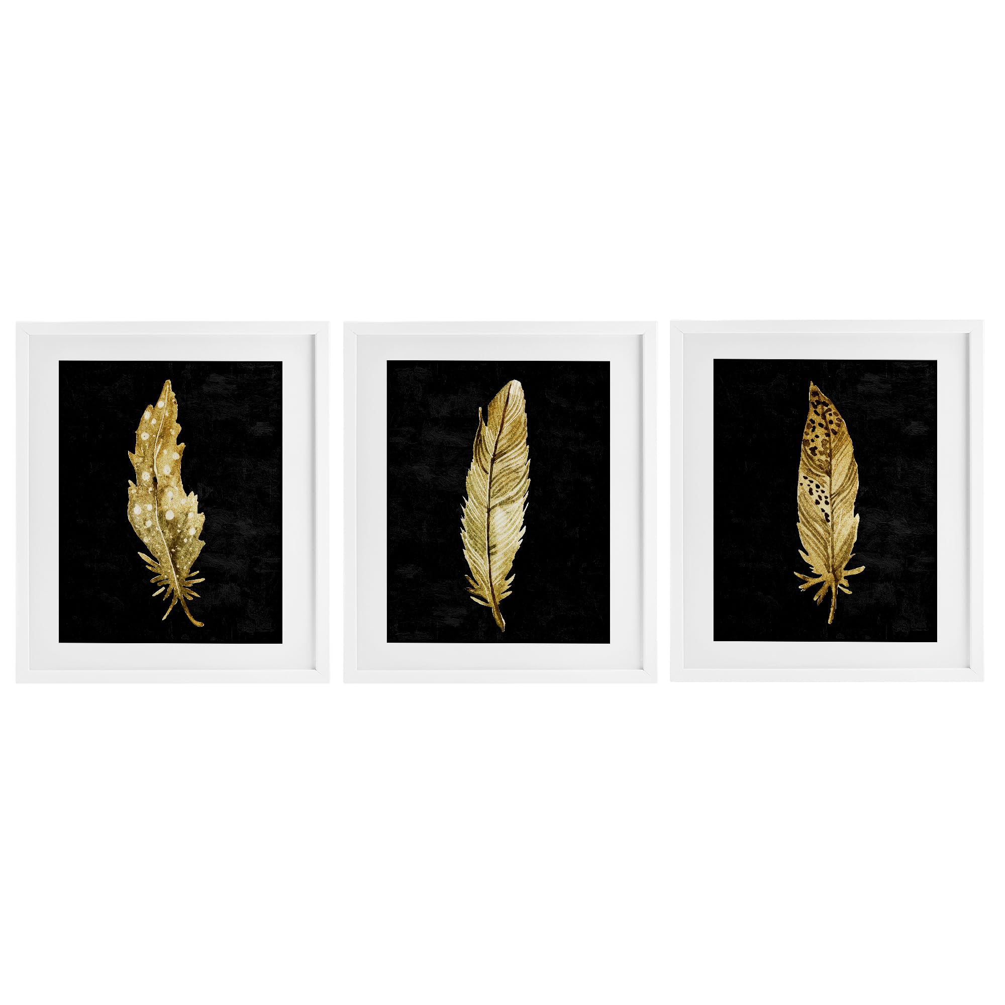 Stupell Industries Black & Gold Feathers 3 Piece White Framed Print Under Glass Set, design by Kim Allen, 21 x 17