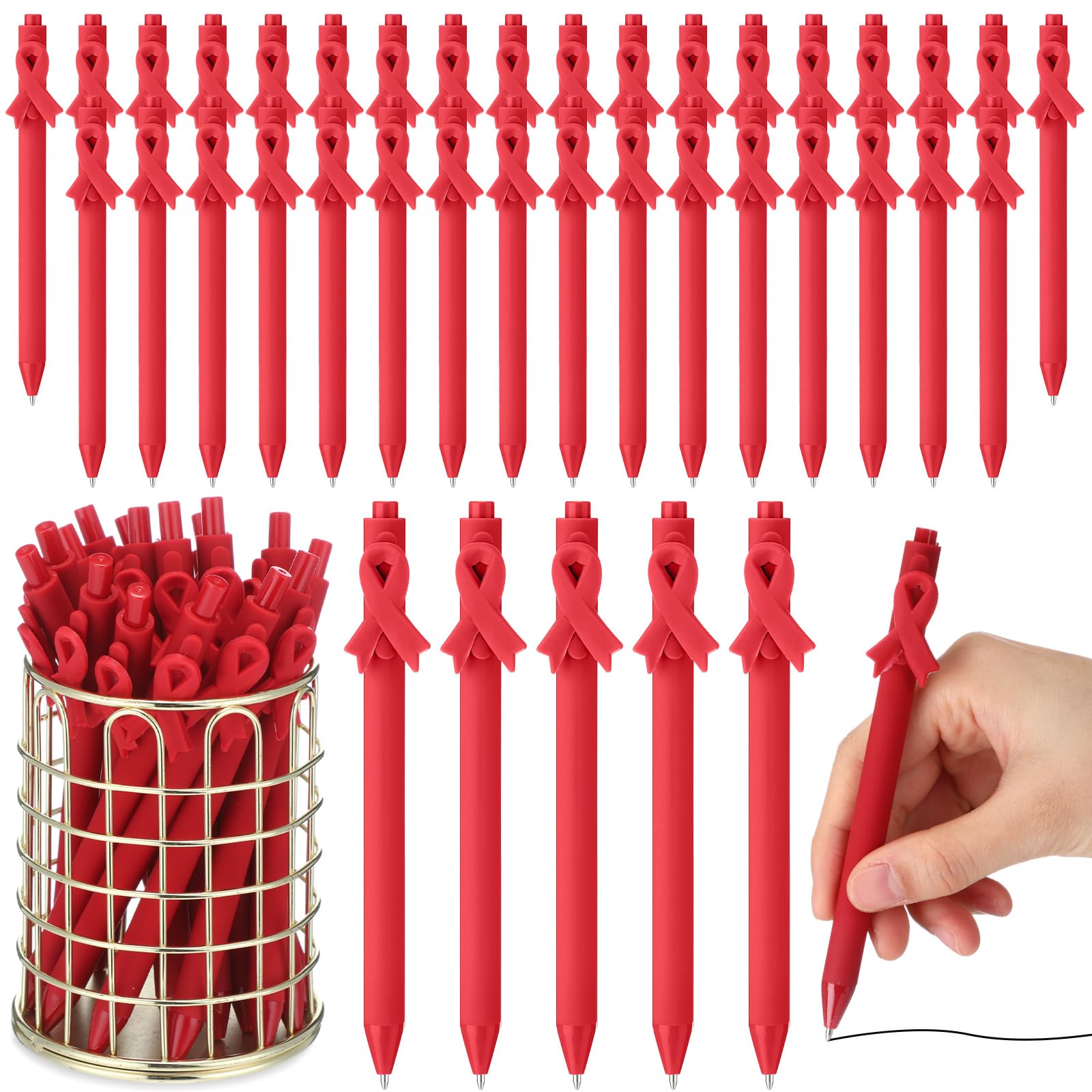 TecUnite 50 Pcs Heart Health Awareness Pens Bulk Red Ribbon Awareness Accessories Heart Health Ballpoint Pens for Men Women Patients Fundraising