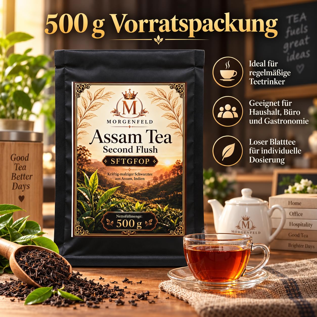 Morgenfeld Assam Tea Second Flush 3 x 500 g – Té Negro Premium SFTGFOP de Assam India, Té Suelto en Hojas Intenso & Maltoso para Tetera, Infusor, Desayuno, Merienda y Degustación met Kajal Sticker