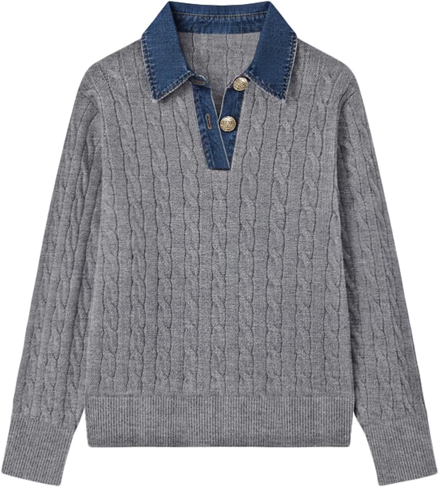 SAUKOLE Sweaters for Women Denim Lapel V Neck Buttons Closure Casual Long Sleeve Cable Knit Loose Pullover Sweater - Image 4