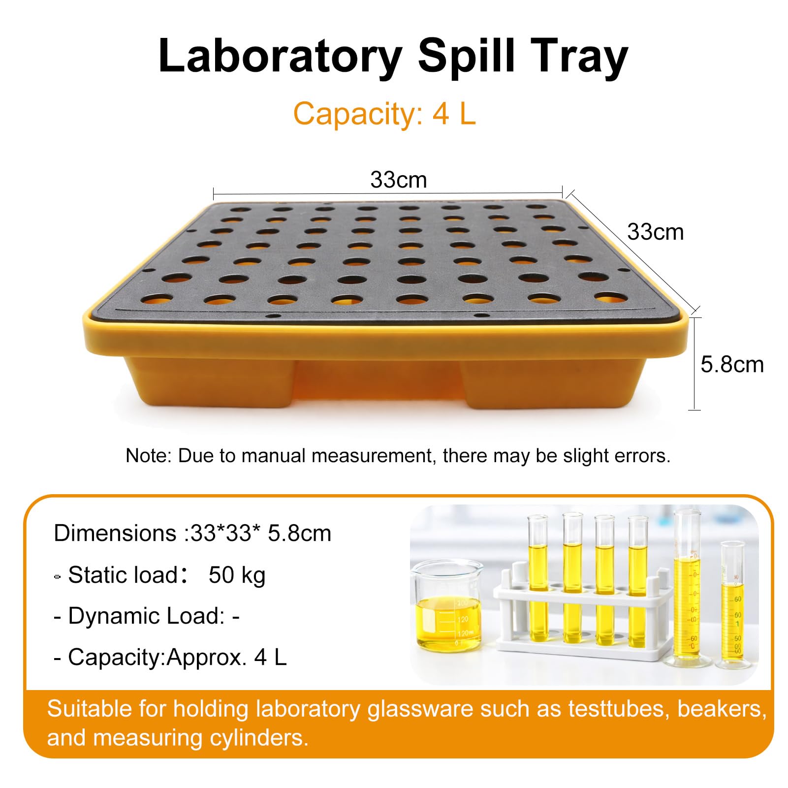 Vasca di contenimento chimico con griglia rimovibile – in plastica antiperdita impilabile facile da pulire per laboratorio officina e industria (33 * 33 * 5.8cm)