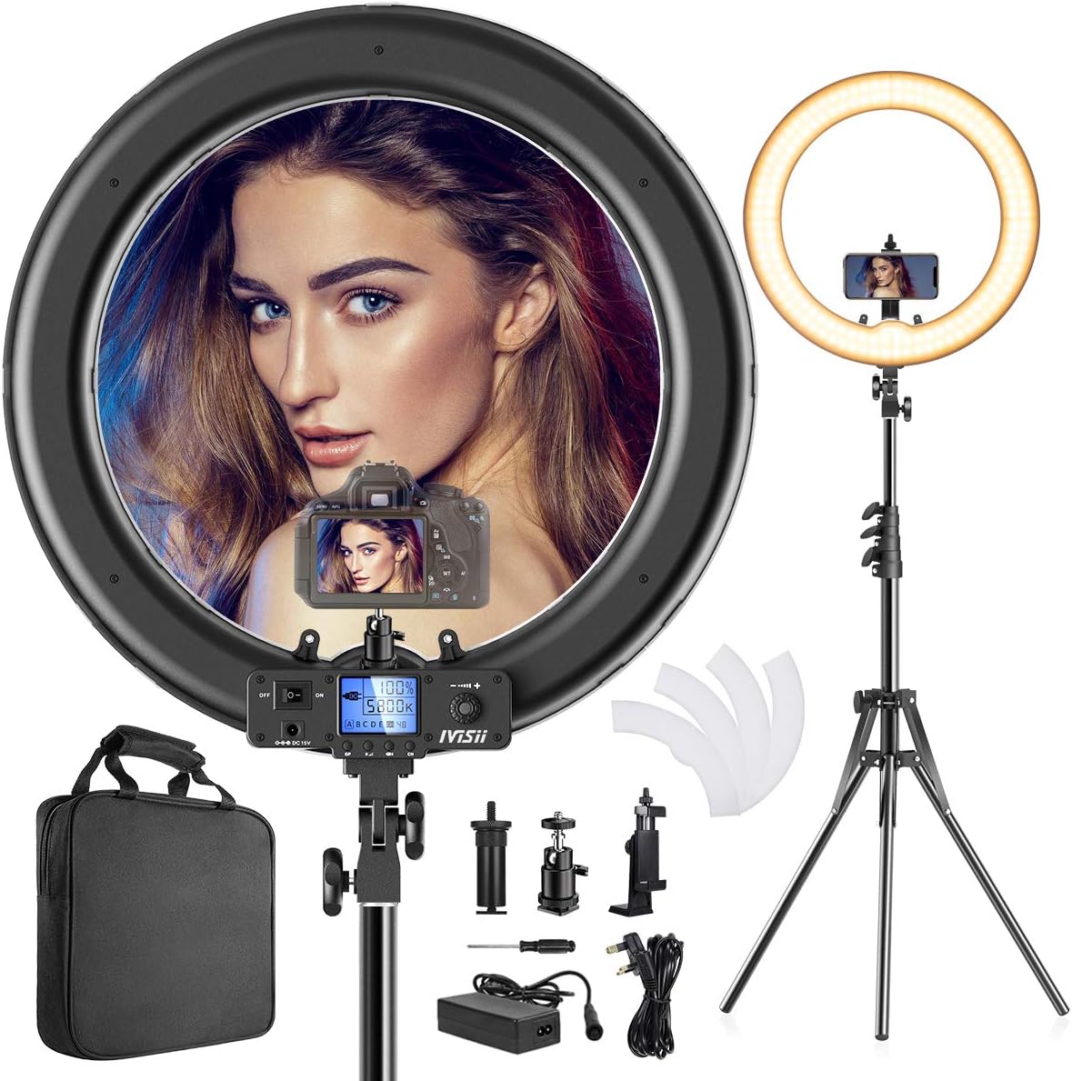 Ring Light,Upgraded Version CRI >97 55W 19inch with LCD Display Adjusted Bi-Color 3000K-5800K,Dimmable Video LED Light Kit,Makeup Ring Light with Stand for Phone Video Shooting,Youtube,Portrait,Selfie