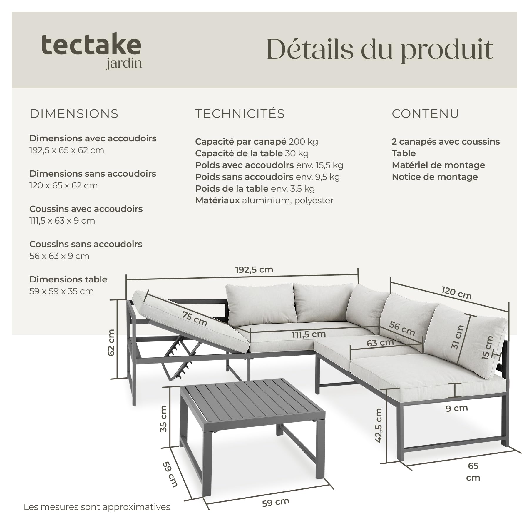 tectake® Ensemble Salon de Jardin Exterieur 5 Personnes en Aluminium 1 Canapé 2 Places 1 Canapé 3 Places & 1 Table de Jardin, Coussins Inclus, Mobilier Amenagement Balcon Terrasse Veranda