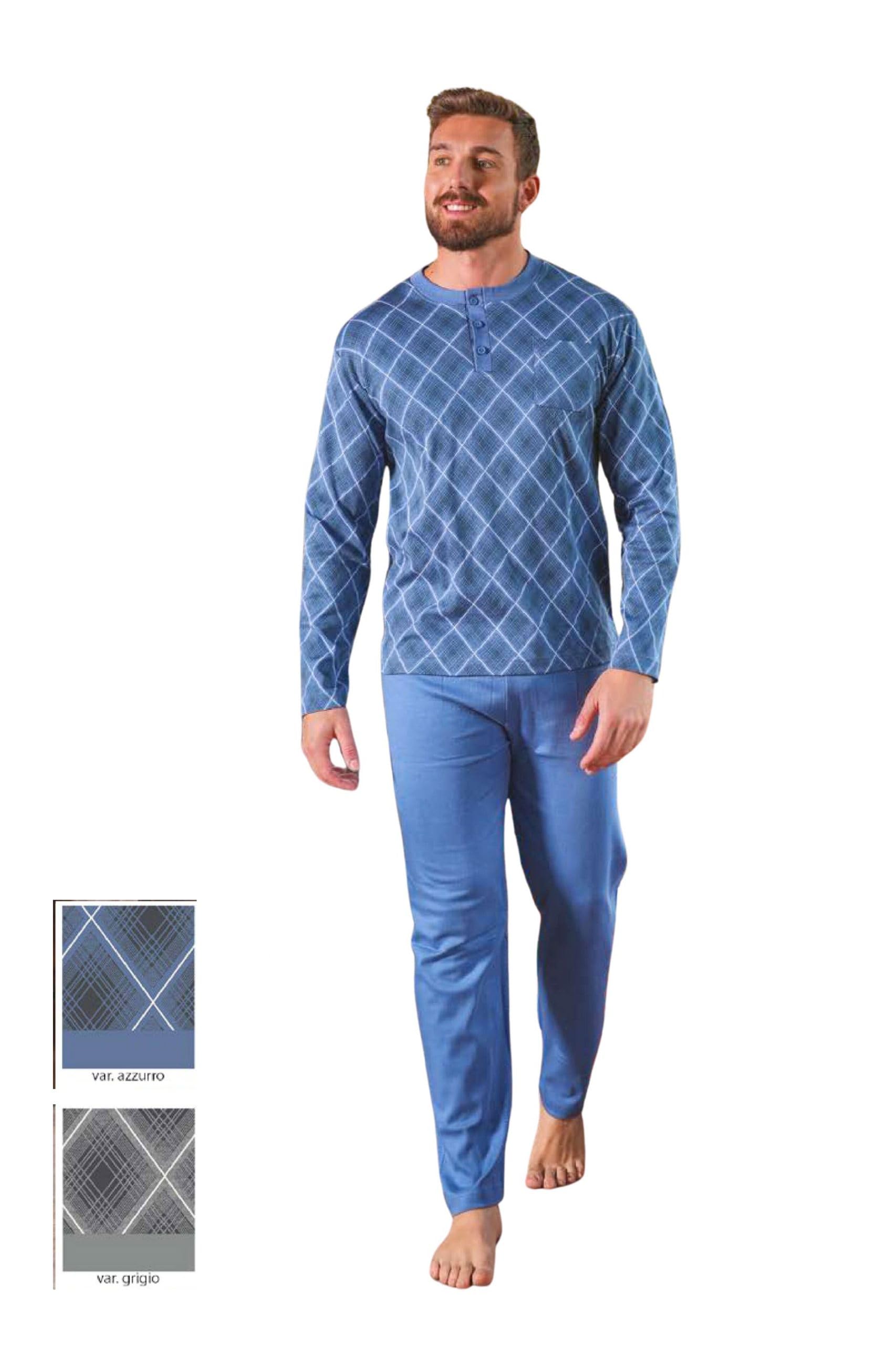 Leo Corsetteria Pigiama Lungo Uomo 100% Caldo Cotone Invernale Serafino No Polsini con Tasca 60024-61024ARC