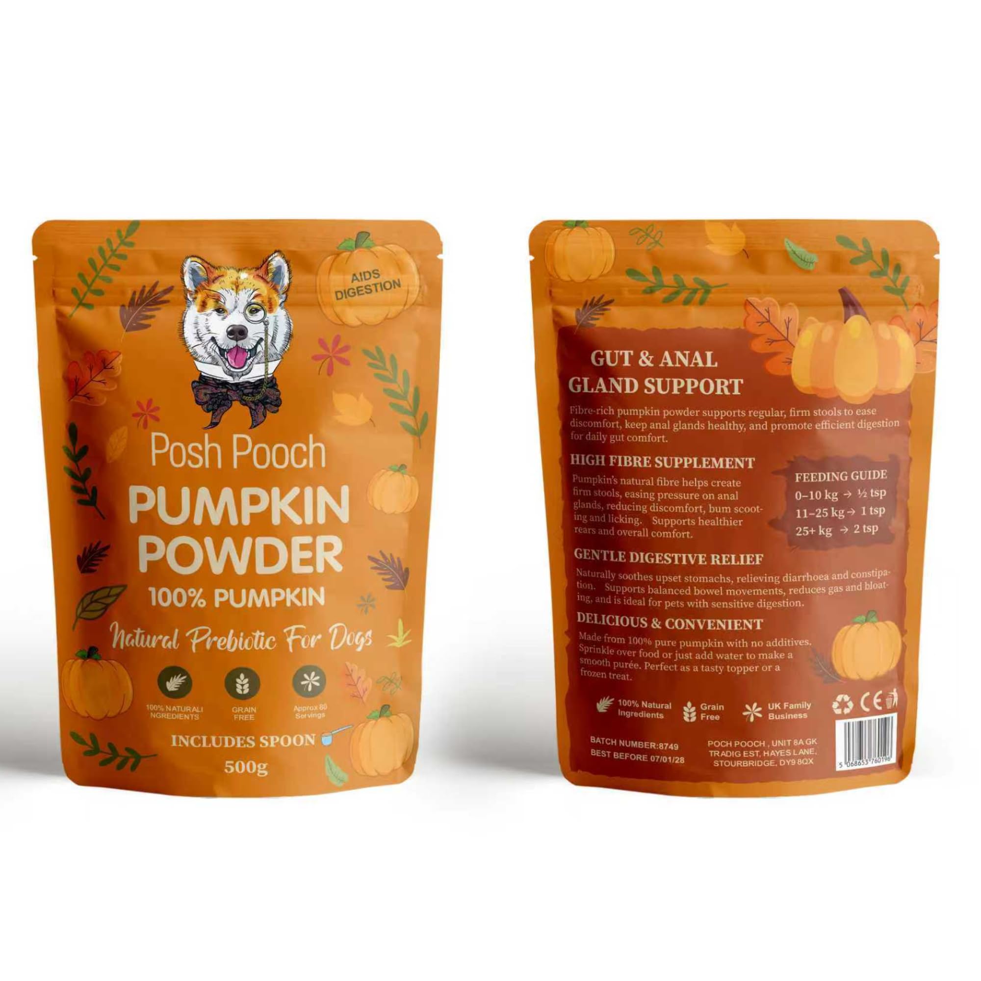 Posh Pooch Pumpkin Powder for Dogs, Food Topper with Fibre and Prebiotics, Orange, 200g, for Gut Health and Healthy Stools, Includes Spoon (500 Gram)
