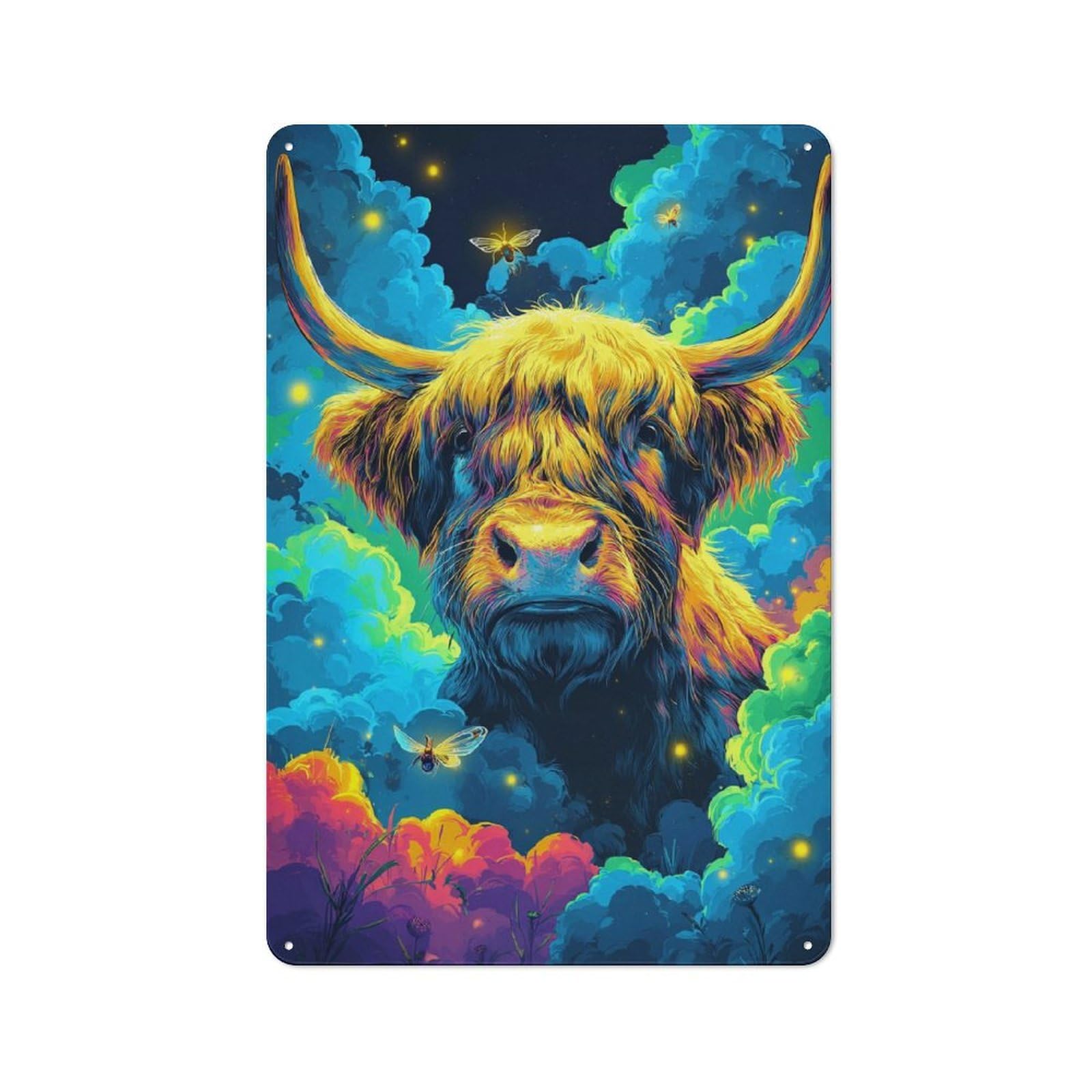 Understated Decorative Metal Sign 30x20cm Featuring Colorful Highland Cow Fantasy Scene, Study Room Decor for Workspace, Cafe, Shop Or Desk Area