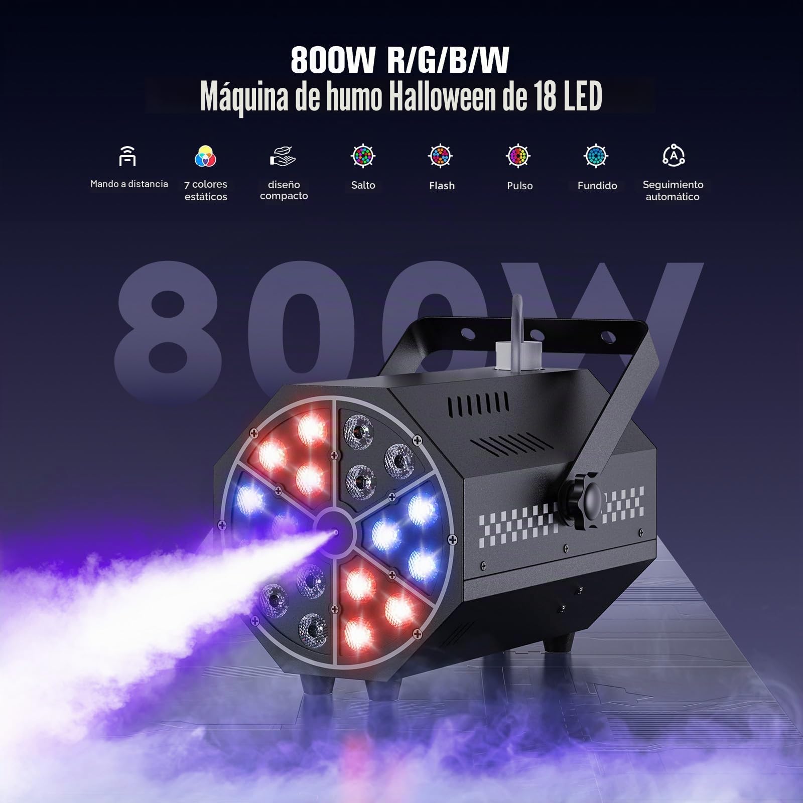 Máquina de Humo, 18 LED RGB con Control Remoto, LED Brillantes, Degradado de Color, Salto, Pulso, Estroboscópico, para Fiestas, Navidad, Halloween, DJs, Escenarios y Exteriores