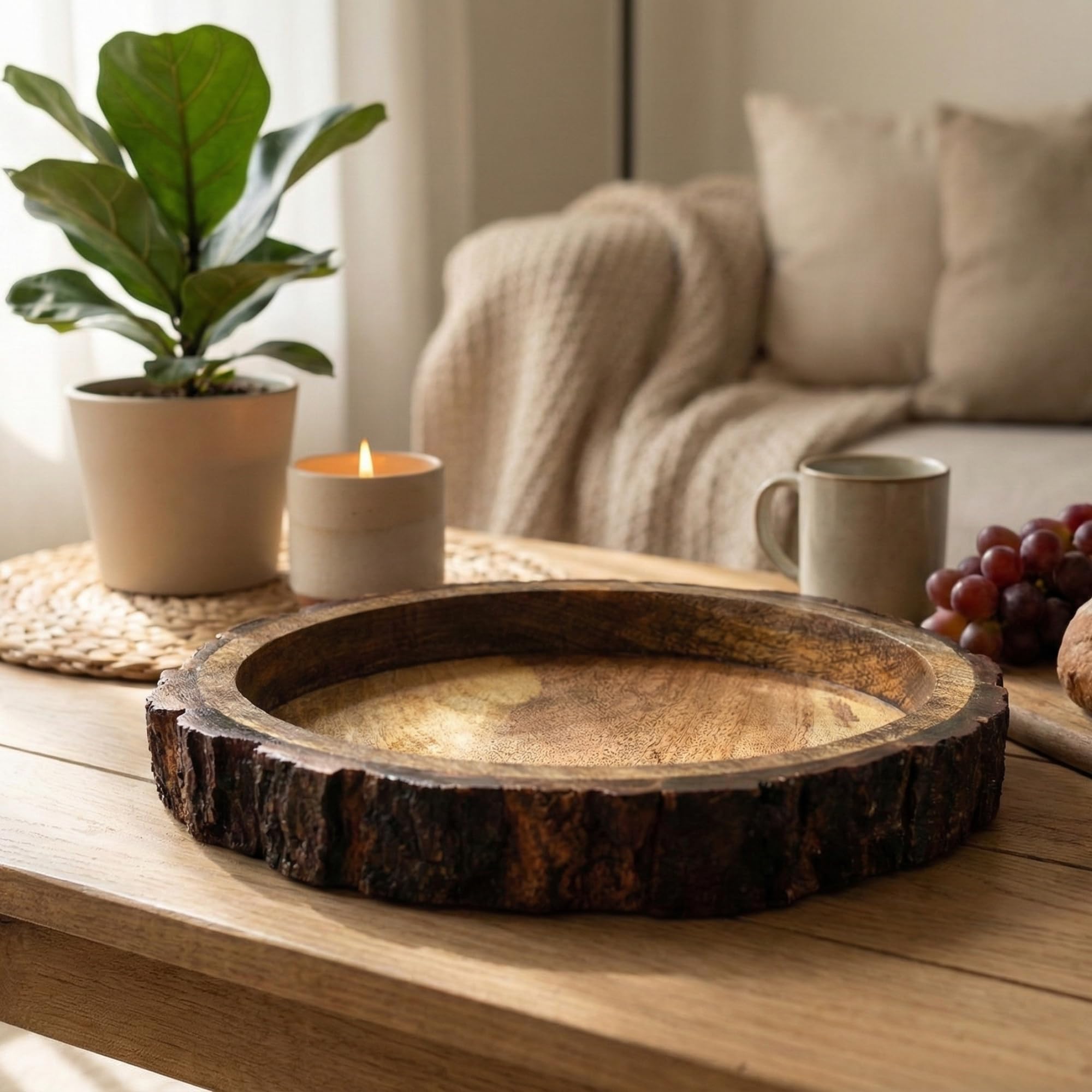 Rustic Wooden Buckle Tray for Serving – 10 inch Round Mango Wood Bark Edge Platter for Snacks, Fruits, Tea & Coffee | Food‑Safe Decorative Centerpiece for Dining & Coffee Table, Indian Homes & Gifting-image-38