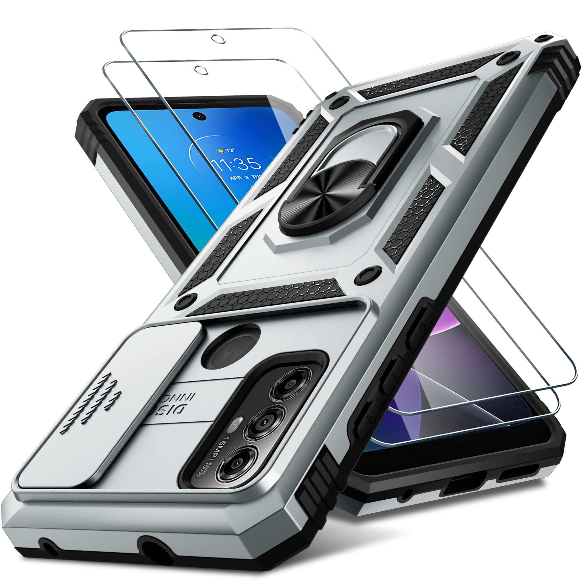 Janmitta Compatible with Moto G Play 2023,G Power 2022/G Pure Case Built in Slide Camera Lens Cover+Screen Protector+Ring Holder,Heavy Duty Shockproof Full Body Phone Cover,Silver