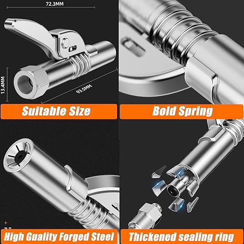 Vista 16 de Grease Gun Coupler Grease Gun Fittings Quick Lock and Release Lube Heavy Grease Gun Nozzle Tips Coupler Compatible with All Grease Guns 1/8" Npt End