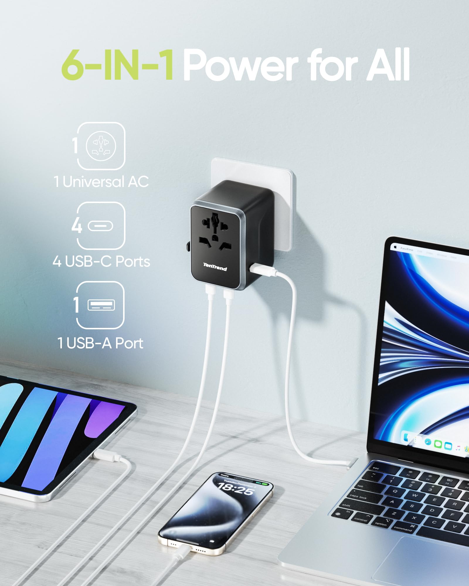 TenTrend - Adaptateur de voyage universel, adaptateur secteur international 45 W avec 4 ports USB-C et 1 port USB-A, adaptateur de prise de voyage européen, essentiel dans le monde entier