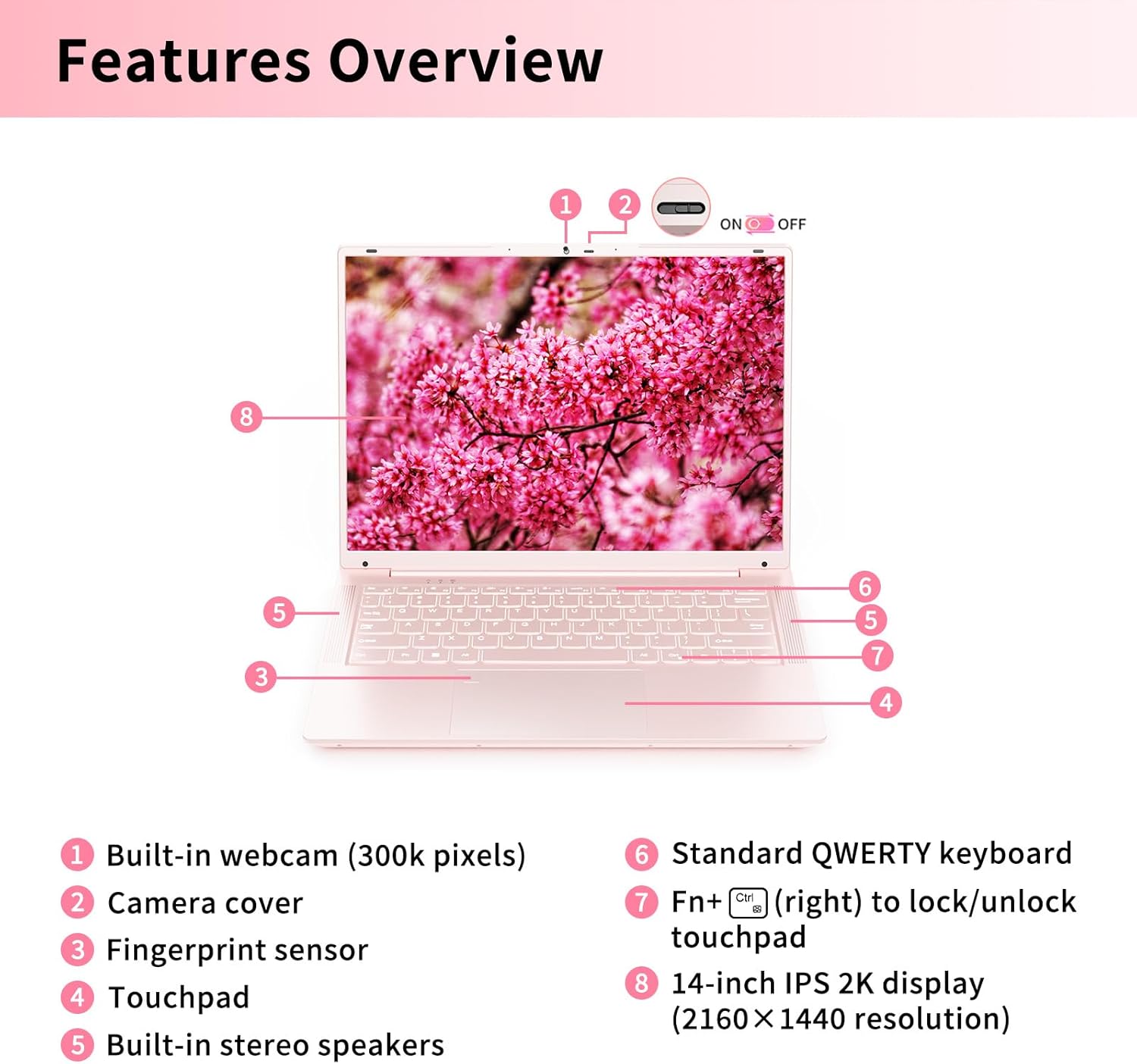 14.1 Inch Portable Laptop,Celeron N5105 Processor,16GB,(2160 x 1440) IPS,Fingerprint Unlock,Win 11,Backlit keyboard, Push-pull camera,Type-C,USB3.0*3,HDMI*1,WiFi /BT 5.0(Pink,16G+960GB SSD)