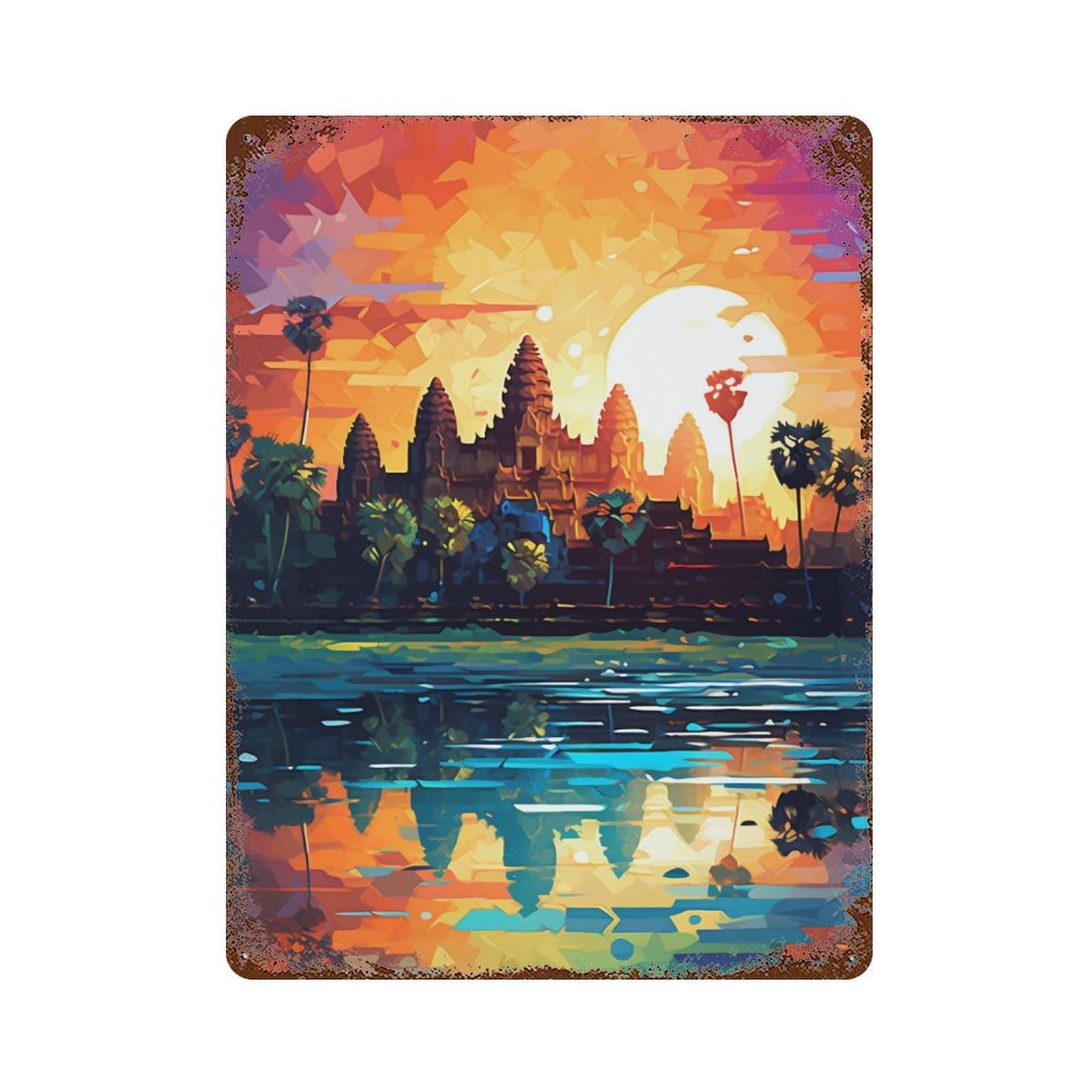 Garage Style Angkor Wat Sunset Reflections -4 Retro Metal Sign 15.7"x11.8", Industrial Home Decor for Bar And Workshop