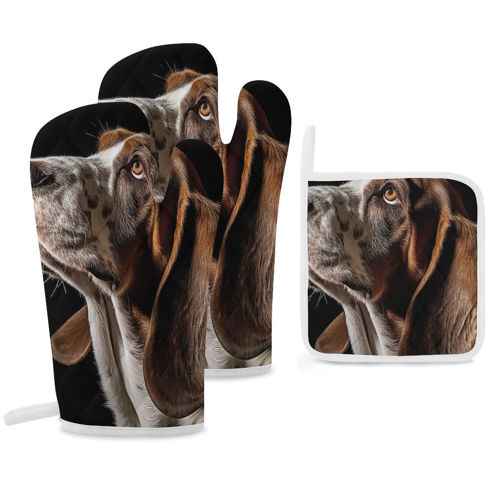 Oven Mitts and Pot Holders Set of 3 Heat Resistant Non-Slip Kitchen Gloves Hot Pads Basset Hound Mittens Gloves Non-Slip Potholders for Cooking Baking Grilling BBQ