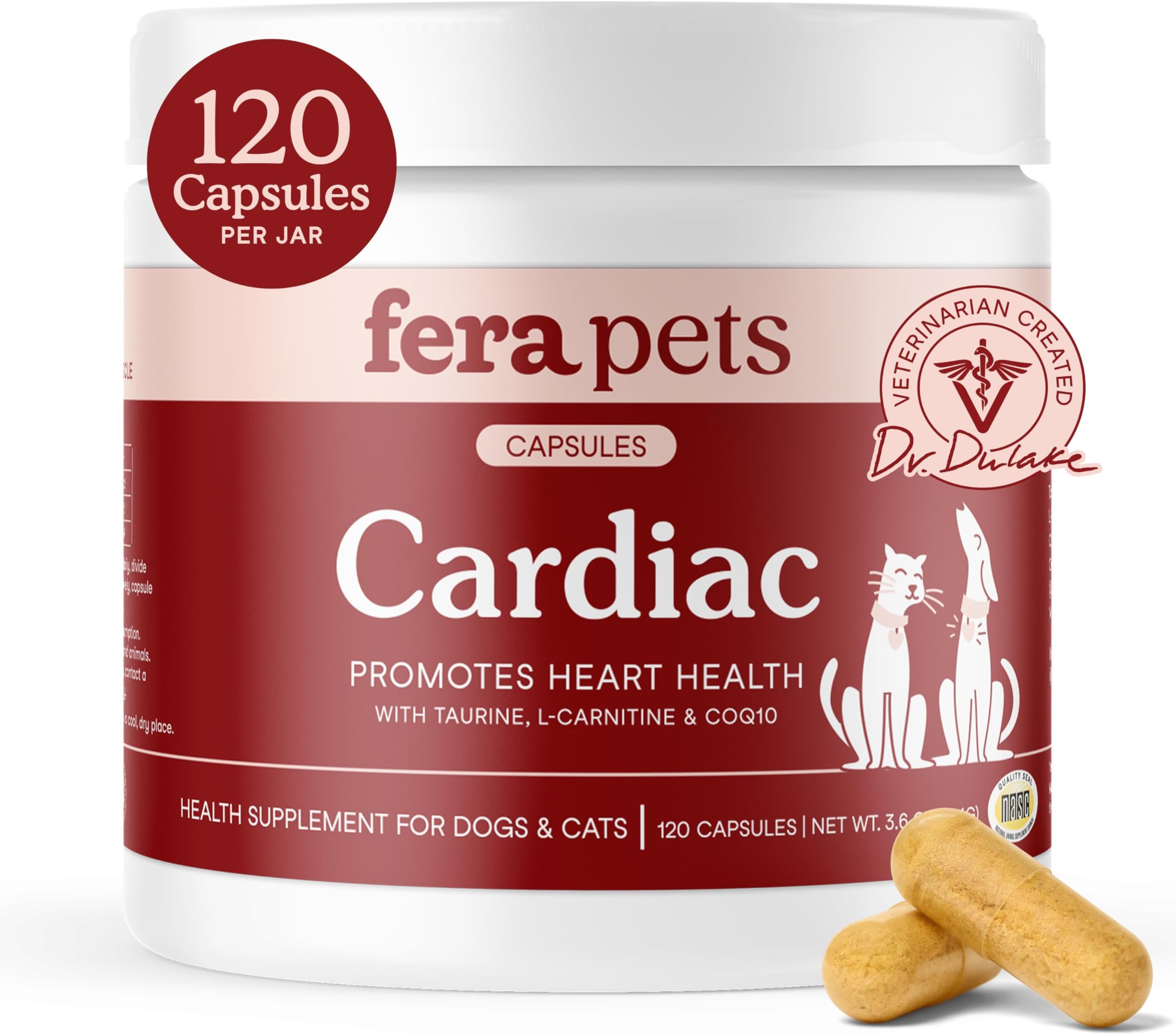 Fera Pets Cardiac Support - Cat & Dog Heart Supplement with Taurine, L-Carnitine, & CoQ10 - Promotes Normal Circulation and Heartbeat - 120 Capsules