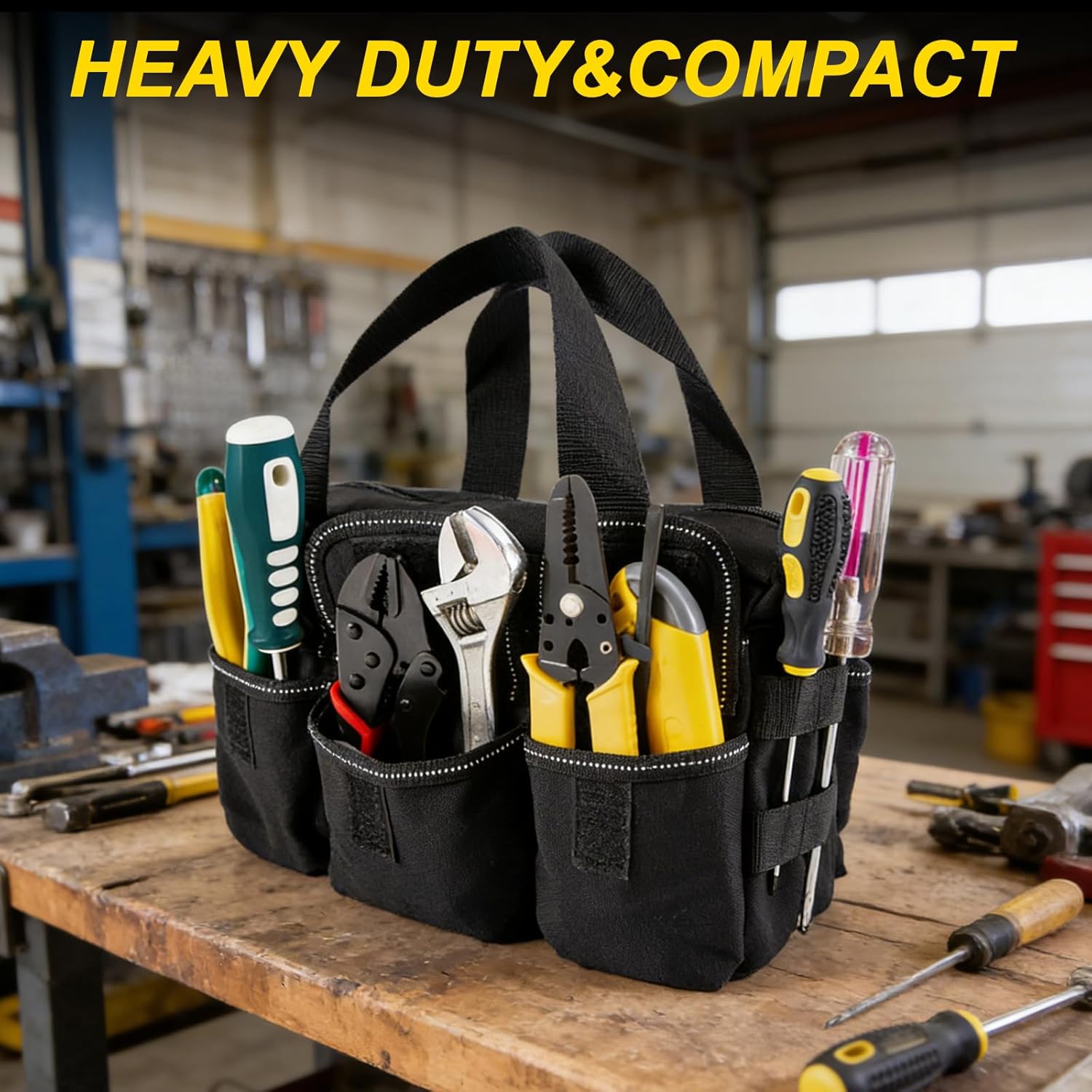 Small Tool Bag, Tool Bag Organizer with External Pockets, Black Canvas Soft Toolbag 11-Inch for Storage Screwdrivers, Wrench, Pliers Hand Tools
