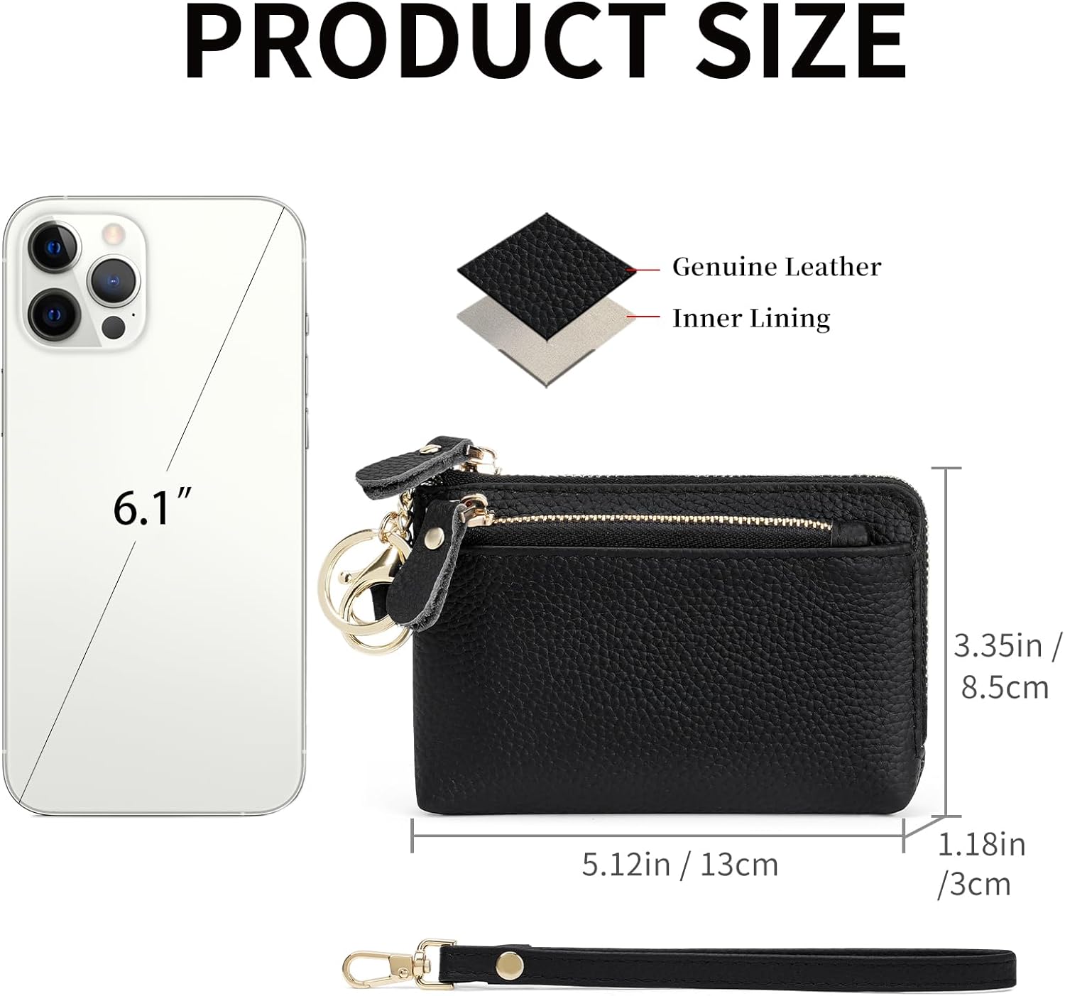 SENDEFN Women's Small Wristlet Coin Pouch Genuine Leather 3 Zippers Purse with Keychain - Image 6