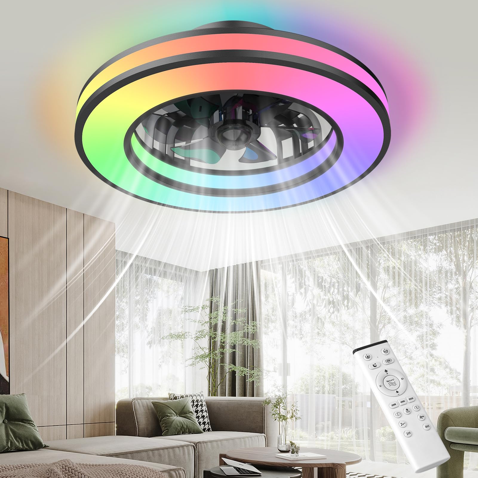 Nigecue 50W Deckenventilator mit Beleuchtung, Ø42CM, Fernbedienung, 3000K-6500K, RGB, 6 Windstufen, Timer, 3200lm