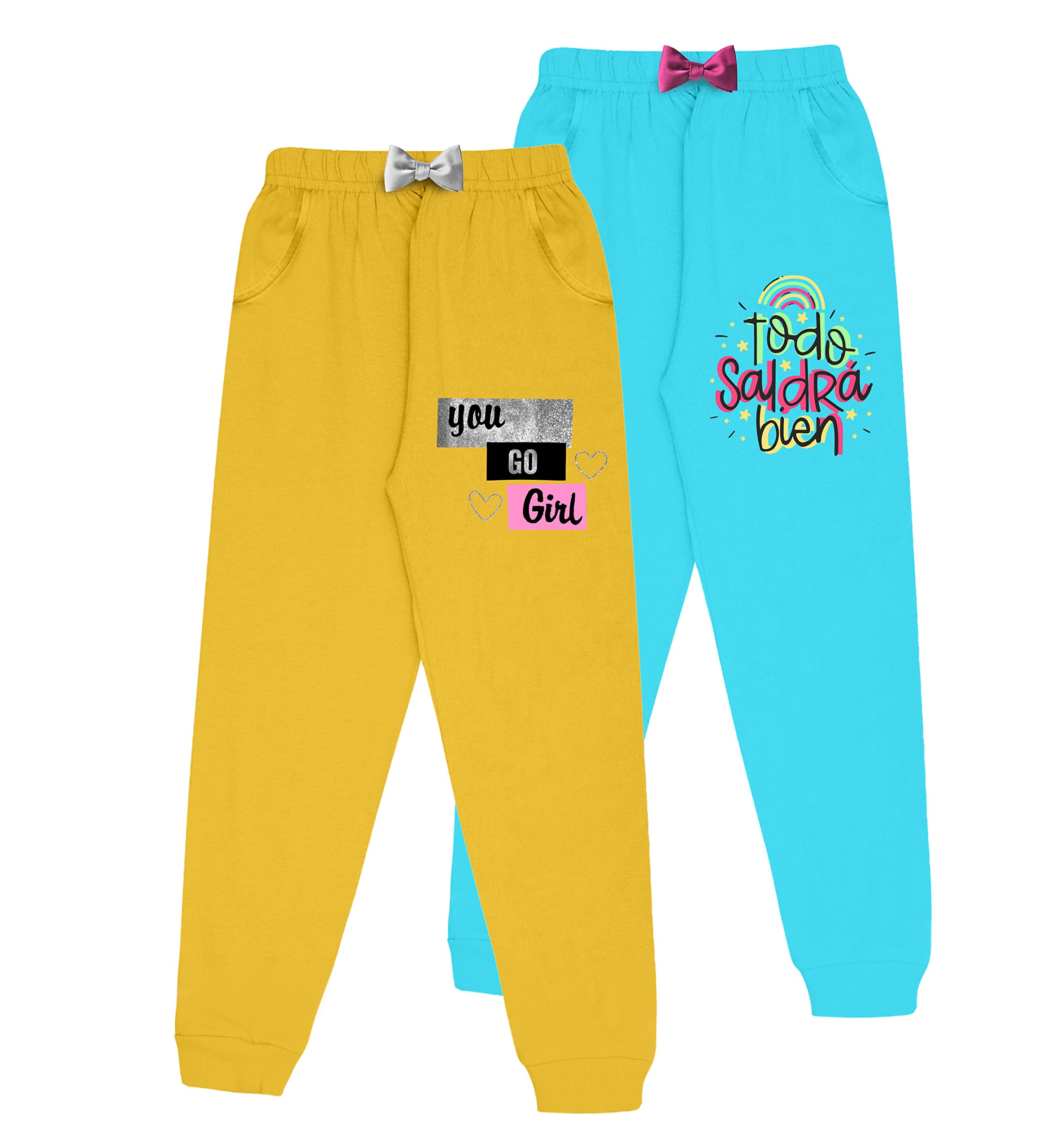 KYDA KIDS® Trainingshose für Mädchen, 100 % Baumwolle, bedruckt, mit Tasche, mehrfarbig, 2 Stück
