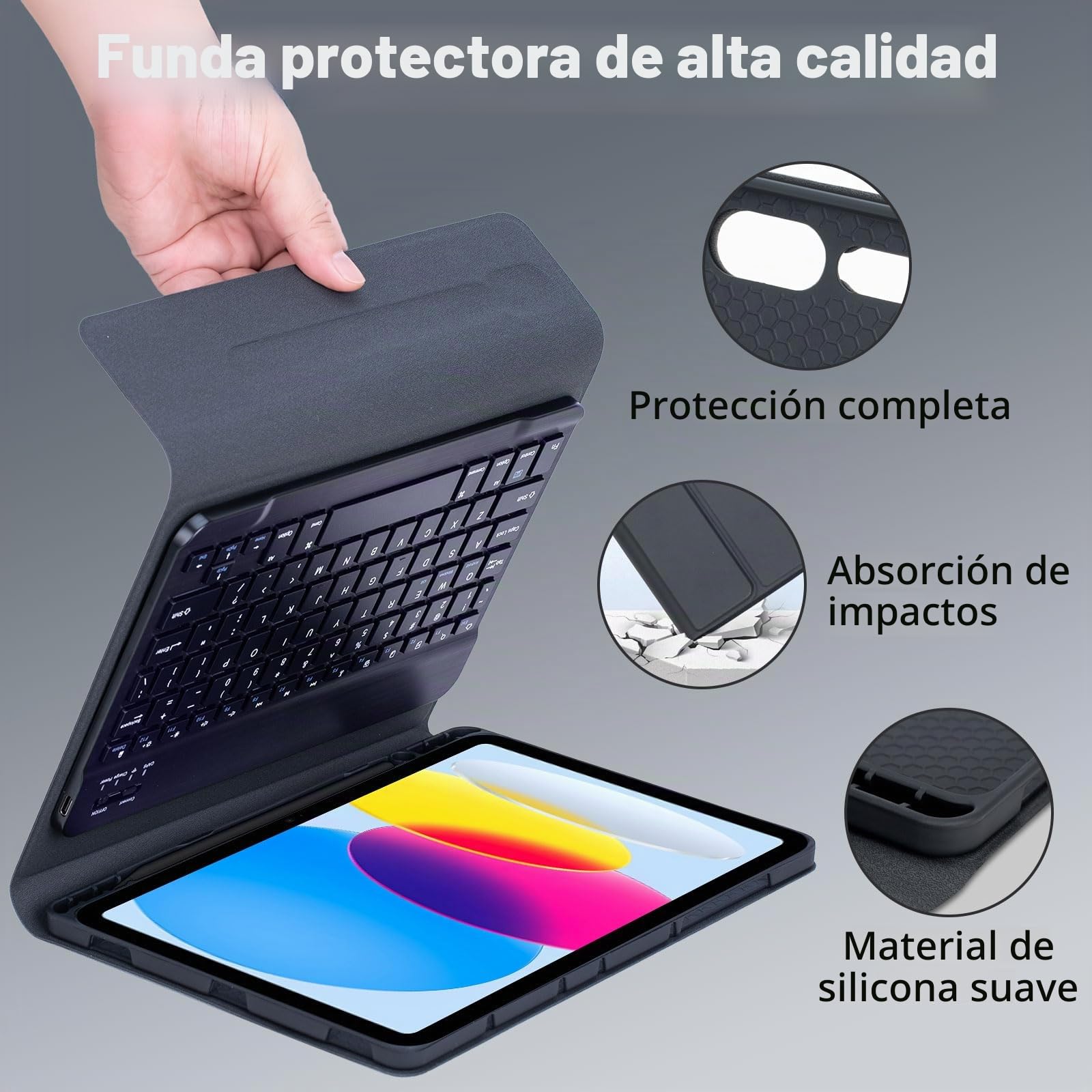 Funda con Teclado para iPad (A16) 11ª Generación 2025 11 Pulgadas/iPad 10ª Generación 2022 10,9 Pulgadas, con Ratón, Español Ñ Teclado Desmontable Bluetooth con Portalápices,Negro