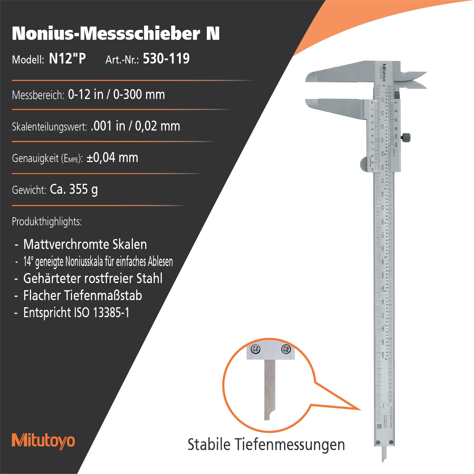 Mitutoyo 530-119 Standard-Nonius Messschieber, 0-300 mm
