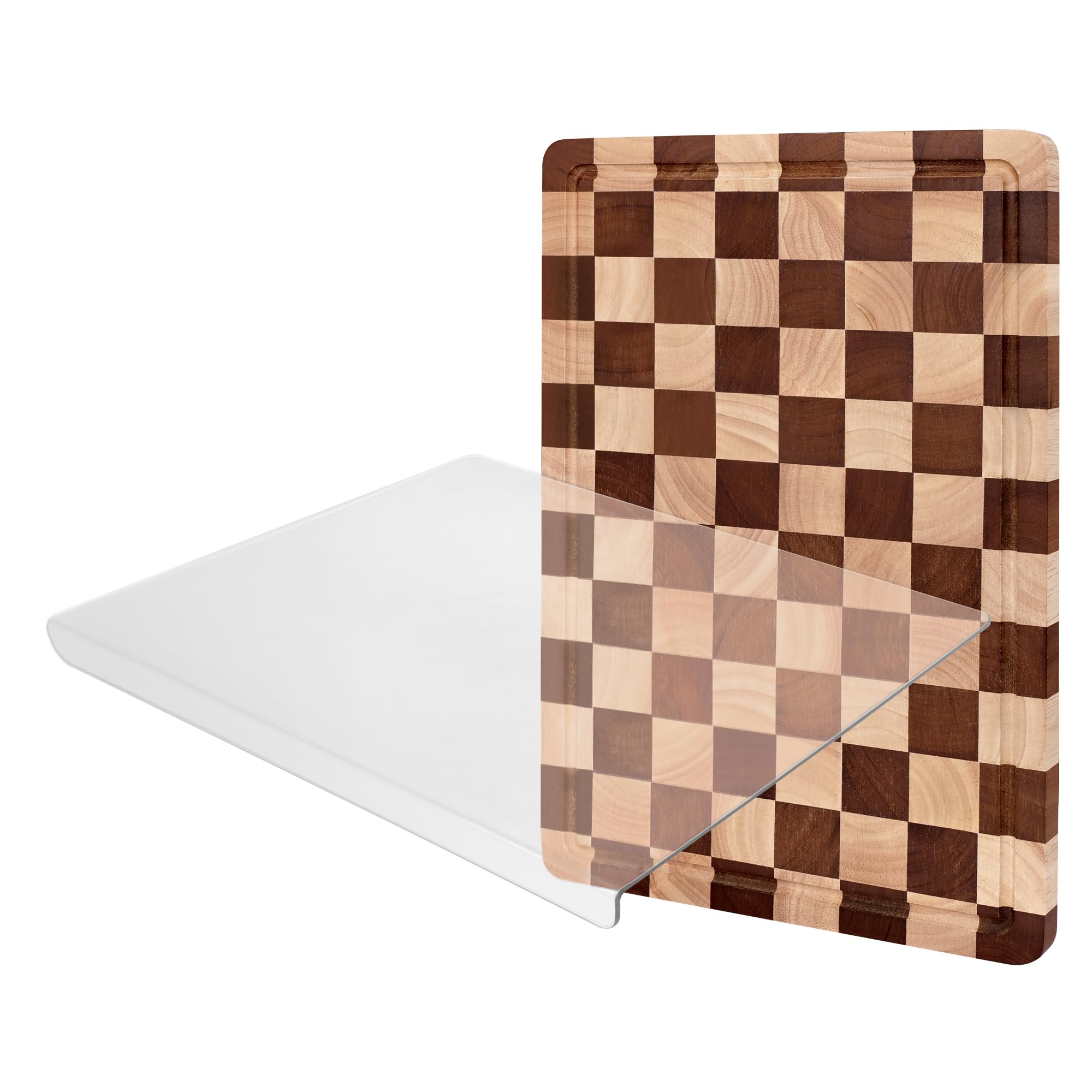 Checkered Wood & Acrylic Chopping Board Set- 2-Piece Kitchen Board Set, Acrylic Cutting Board with Counter Lip & Checkerboard End Grain Cutting Board with Juice Groove & Handle