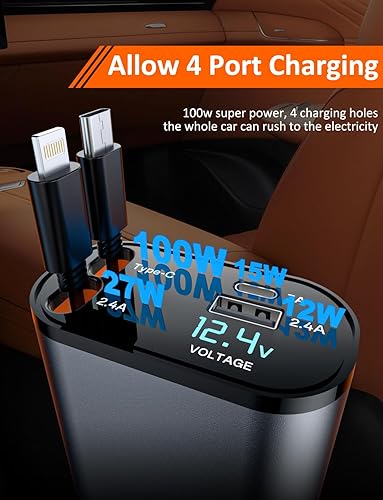 Miniatura 5 de Cargador de coche retráctil con cables de carga retráctiles dobles Lightning y 2 puertos USB, cargador rápido 4 en 1 para teléfono con pantalla de