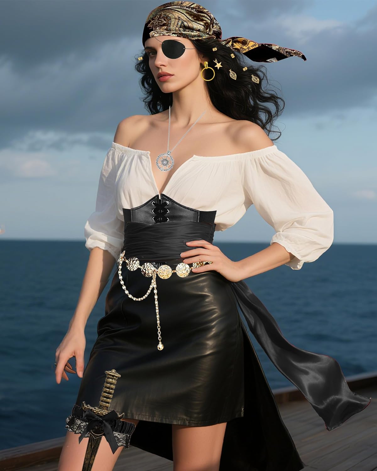 Women Pirate Costume Accessories Set Pirate Head Scarf Belt Waist Chain Corset for Halloween Cosplay