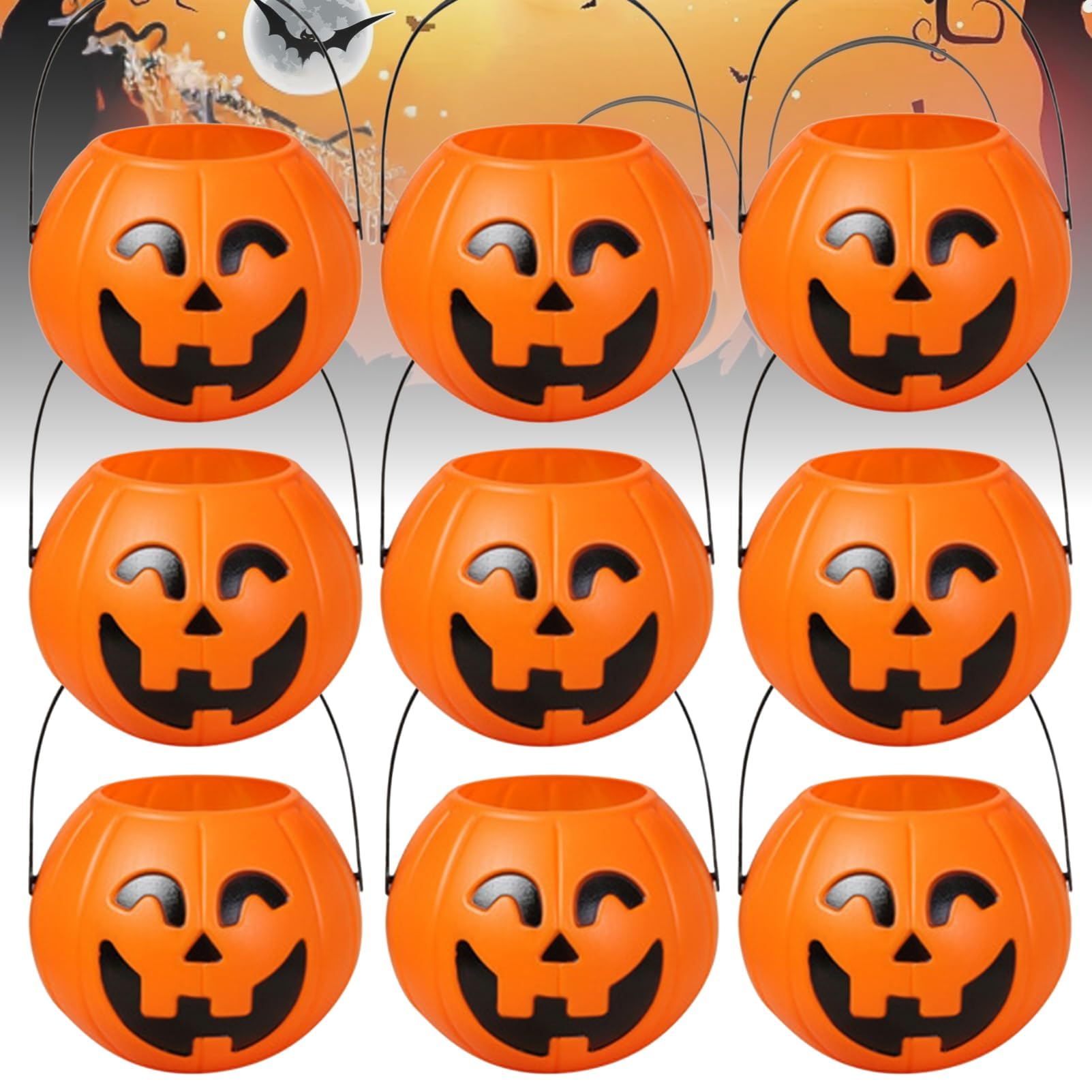 Halloween Pumpkin Candy Bucket Plastic Trick or Treat Pail with Handle，9：7 cm