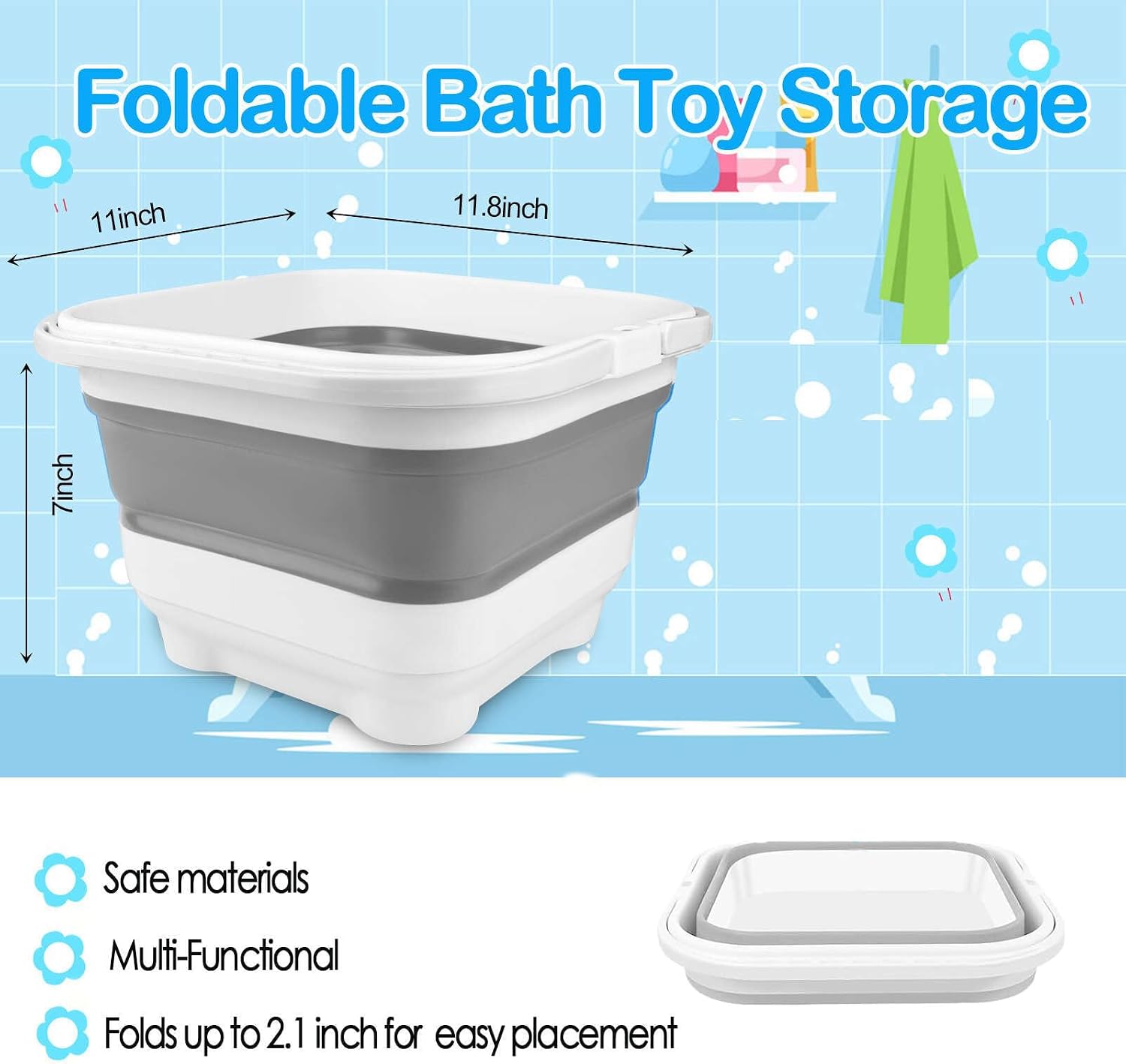 Bath Toy Storage Organizer - Foldable Bath Toy Holder for Bathtub, Bathtub Toy Storage with Removable Drying Base, Bathroom Toy Storage with 2 Hooks