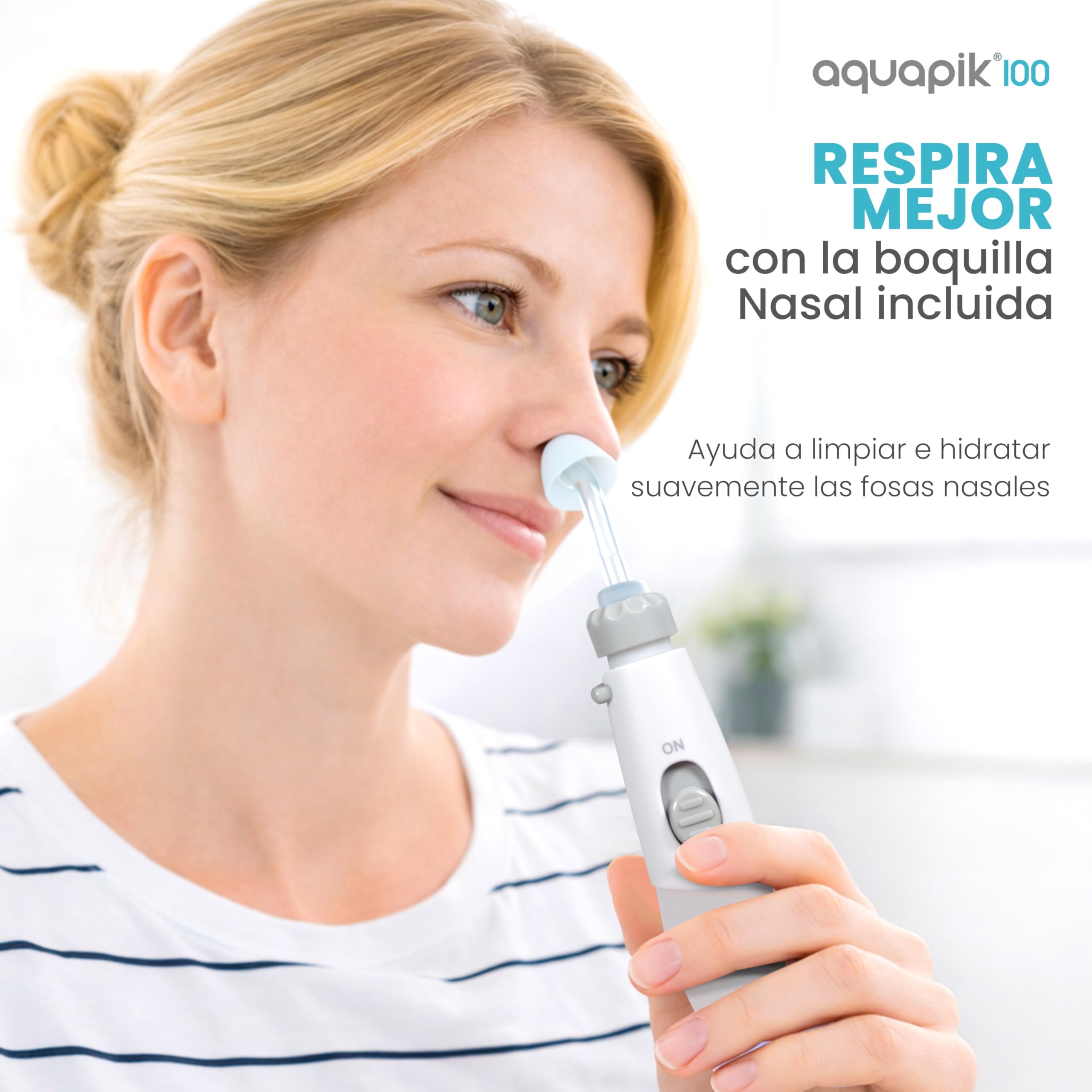 Irrigador dental Aquapik100® profesional waterflosser limpieza profunda 10 niveles de presión 8 boquillas depósito 600ml para encías sensibles ortodoncia puentes implantes elimina placa dental Blanco