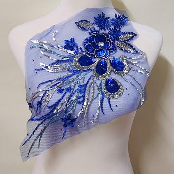 1 Pcs Craft Diamond Insert Feather Sequin Floral Embroidered Applique Trim Decorated Lace Neckline Collar Clothing DIY Sewing Patches Navy Blue