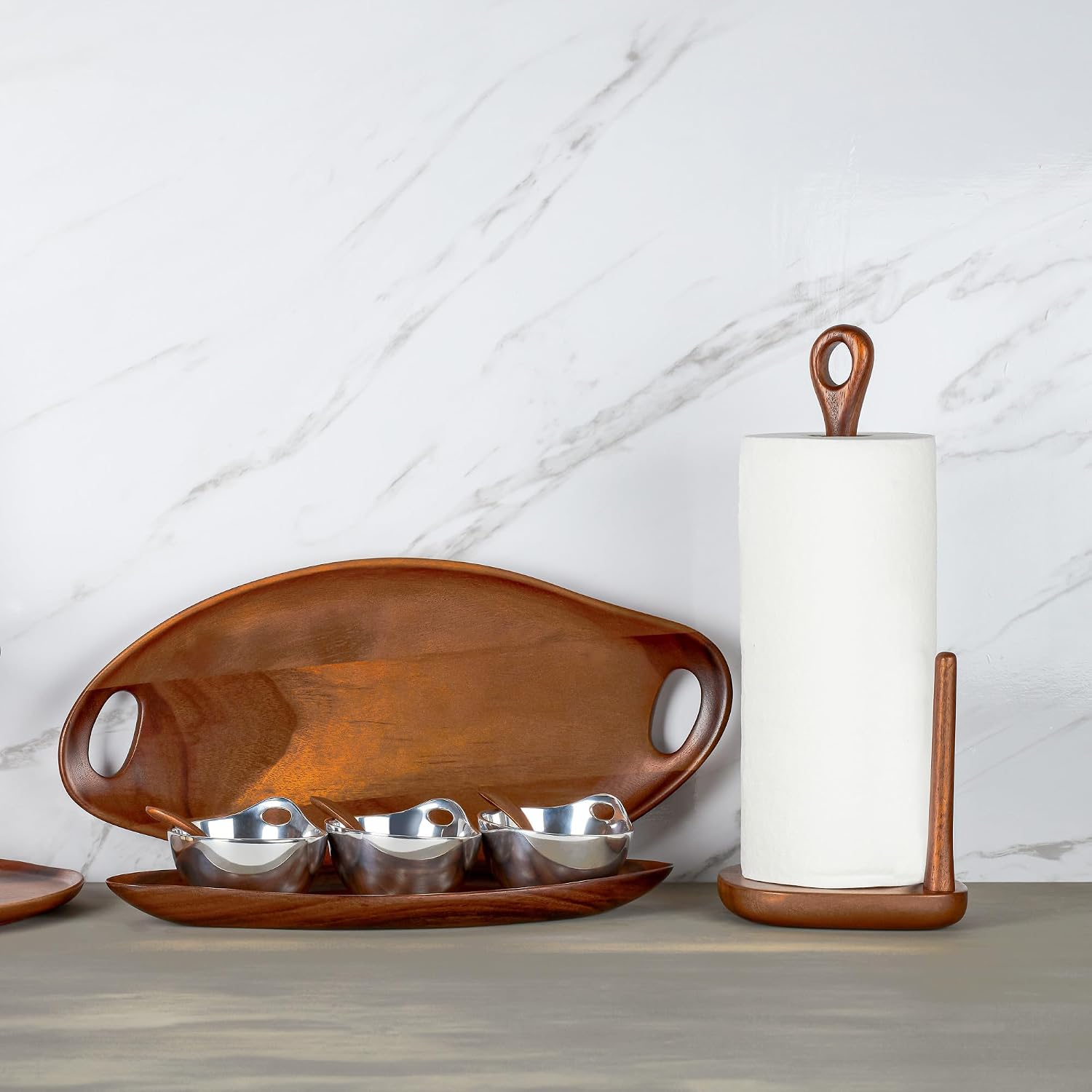 Nambé Portables Paper Towel Holder – 15” Excellent Acacia Wood & Metal Stand with Signature Curved Handle – Modern Countertop Organizer for Kitchen, Dining & Bar Spaces, Decorative Accent image 4