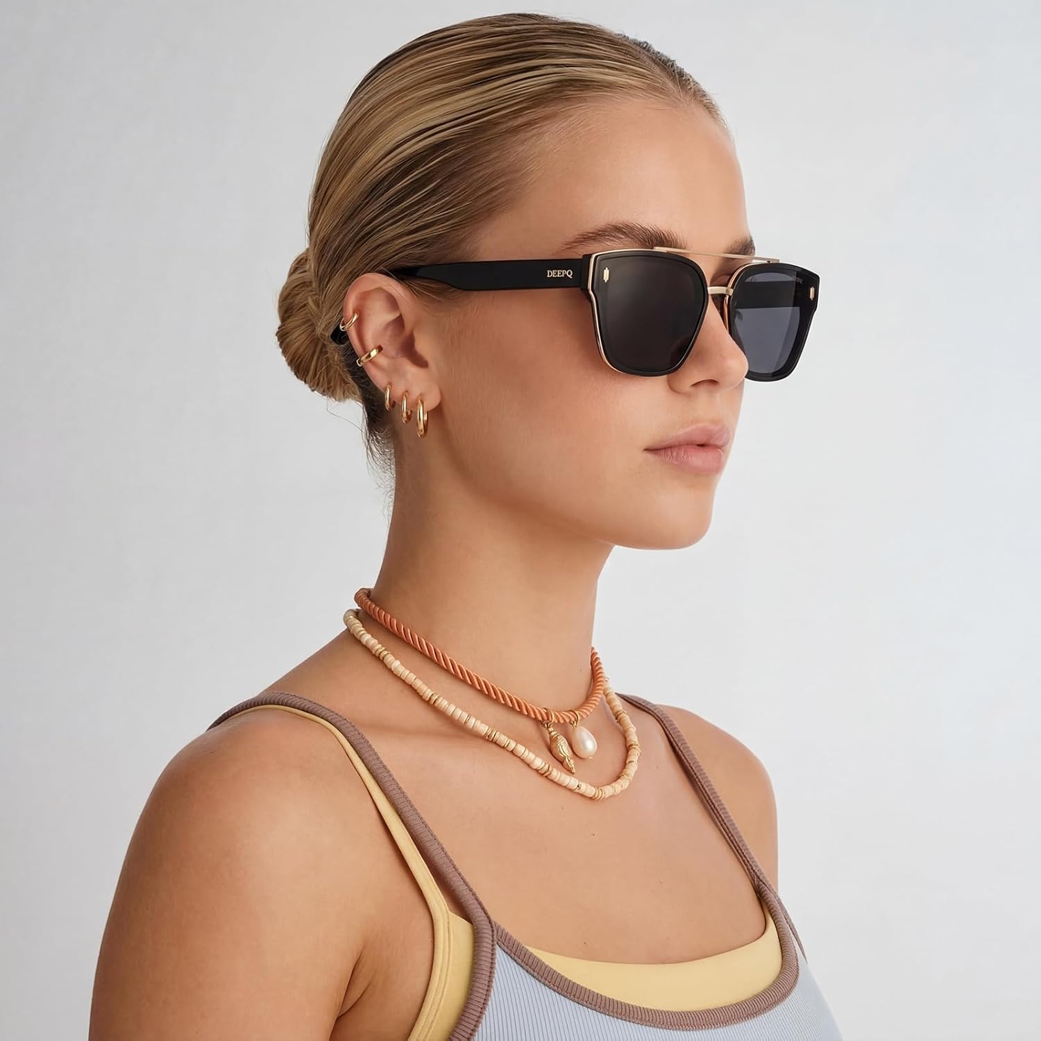 DeepQ Square Polarized Sunglasses for Women, Premium Acetate Frame with Metal Detail, UV400 Protection Fashion Sun Glasses