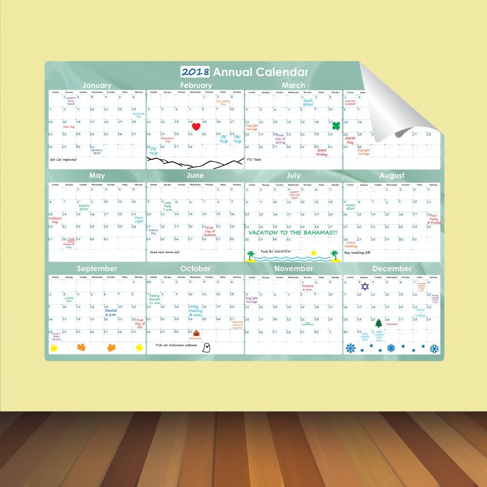EveraseRe-Stic Dry Erase Self-Adhesive Peel & Stick Annual Calendar (36 x 48 in.) โ Premium Removable Whiteboard Film, Marker & Cloth Included, Organizer for Walls, Doors, Desks, Refrigerators, No Residue, Easy Install