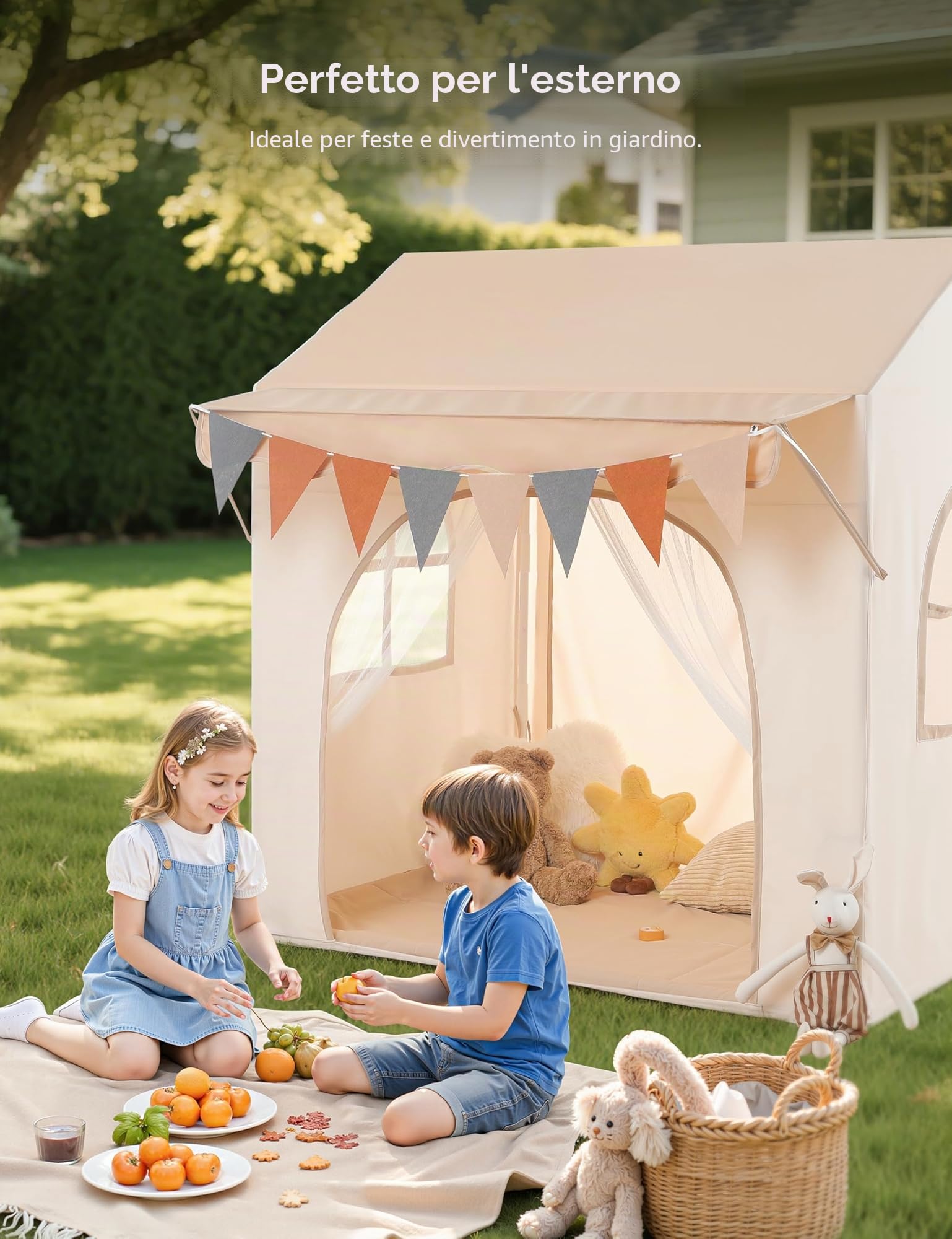 Besrey Tenda per Bambini 2-in-1, Tenda da Gioco con Tettoia per Interni ed Esterni, con Luci, Bandierine e Tappetino, Design Ampio per Lettura e Giochi Creativi - Regalo di Natale Ideale per Bambini