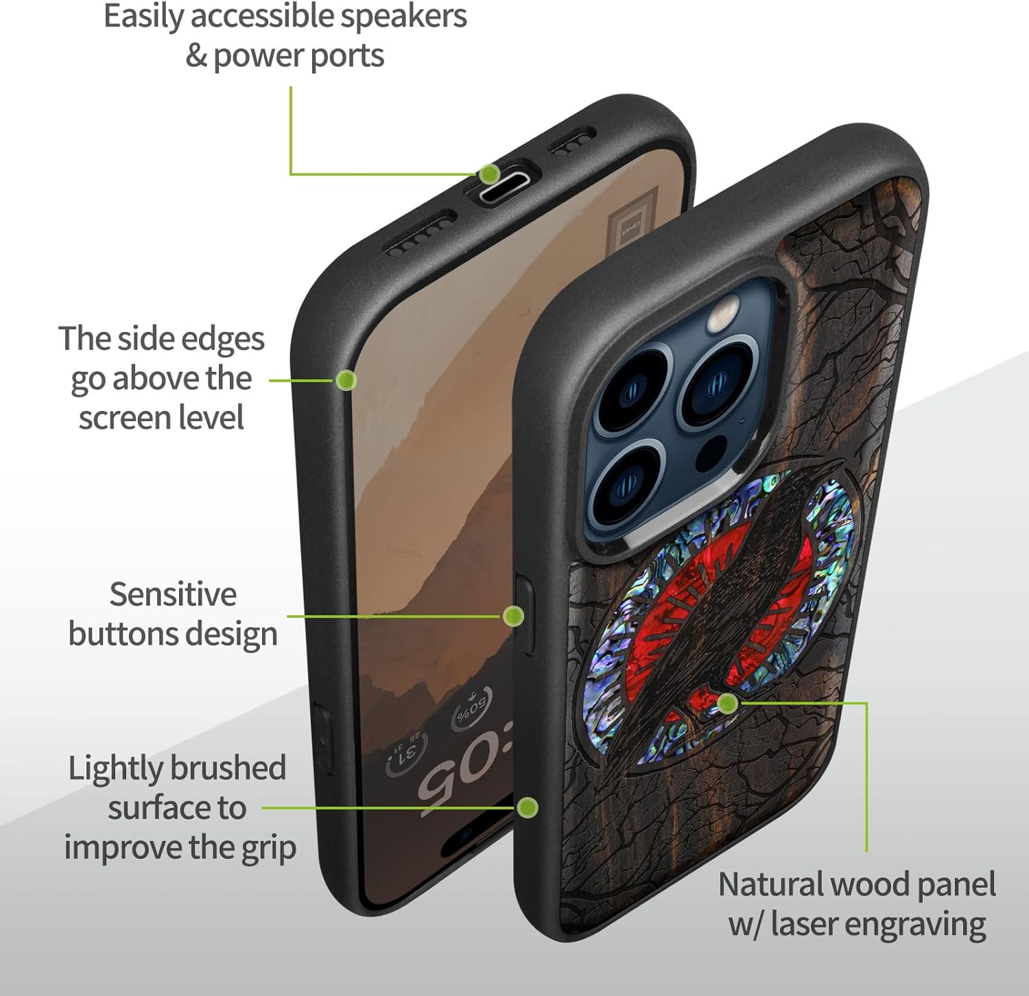 Carveit Wooden Case for iPhone 15 Pro Max Magnetic Case, Compatible with MagSafe Wireless Chargers, Shockproof Cover, Handmade Shell Inlaid & Wood Artisan Engraved (The Haloed Crow) Blackwood
