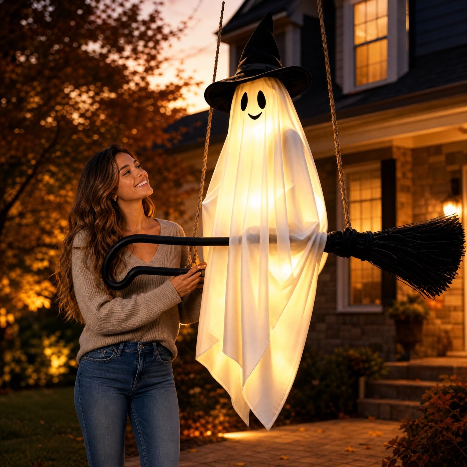 Decoración Colgante Luminosa de Halloween: Fantasma con Sombrero de Bruja Montando una Escoba, con Luces LED cálidas. Ideal para Interiores y Exteriores, porches, Jardines, Patios,
