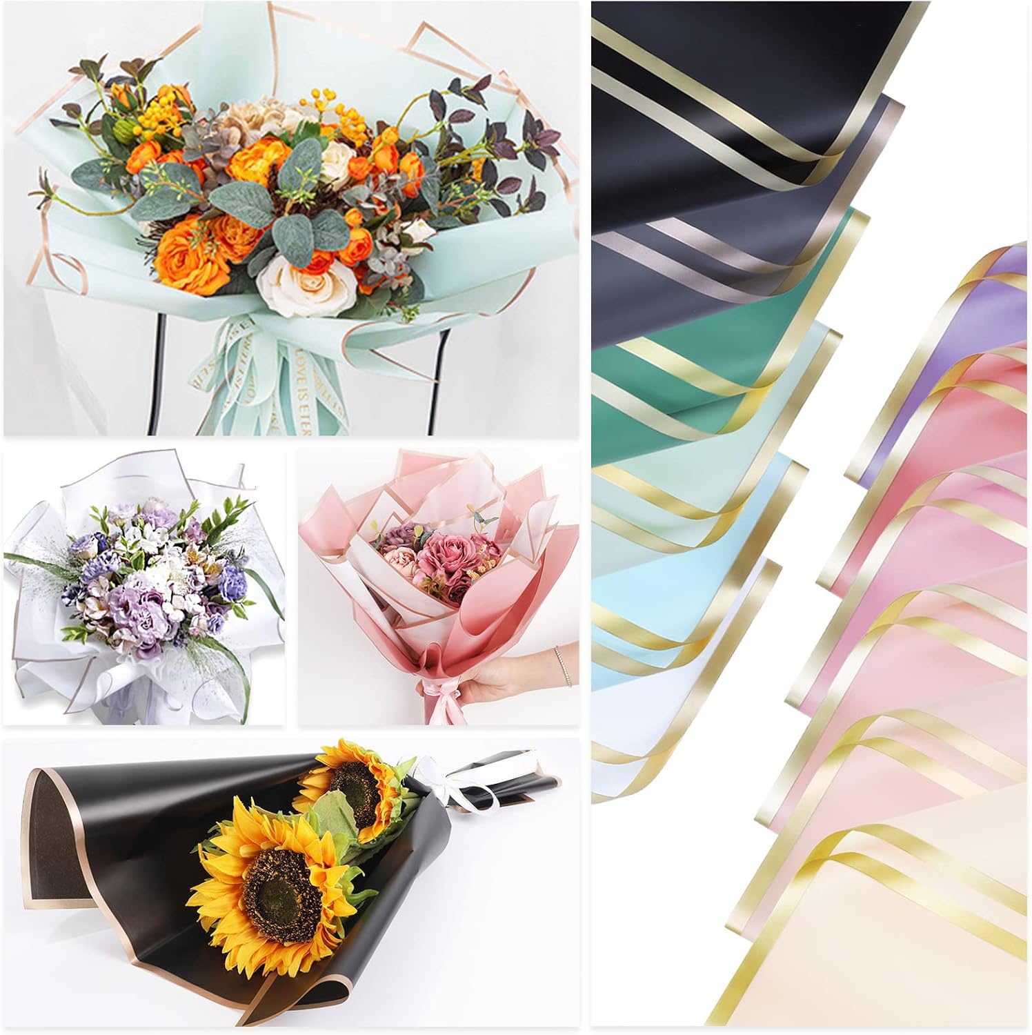 Whaline 120 Pcs Floral Wrapping Paper Folded Flat 12 Colors Gold Edge Waterproof Flowers Florist Bouquet Packaging Paper Colorful Wrapping Supplies for Wedding Birthday Mother's Day Shop DIY Craft