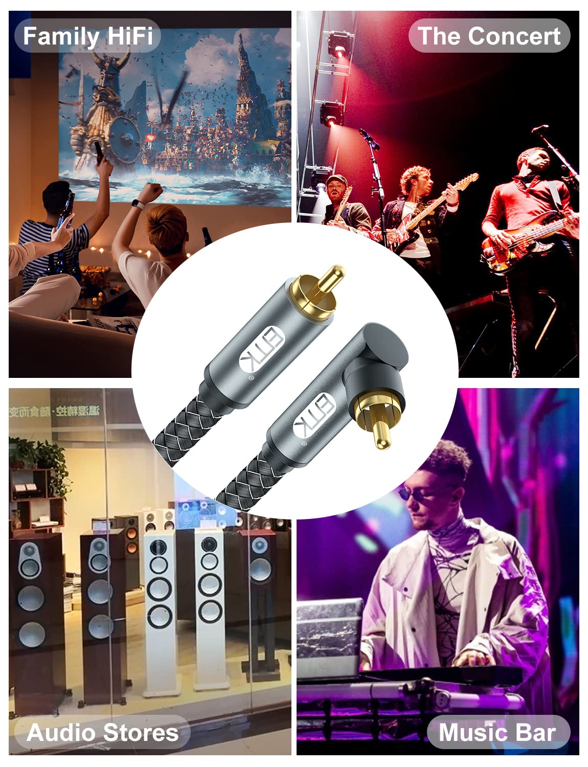 EMK Cavo RCA a 90 gradi, da maschio a maschio, cavo coassiale digitale ad angolo retto, cavo audio RCA a doppia schermatura, con connettori placcati oro, confezione da 2 (5 m, 2 cavi RCA a 90°, nero)
