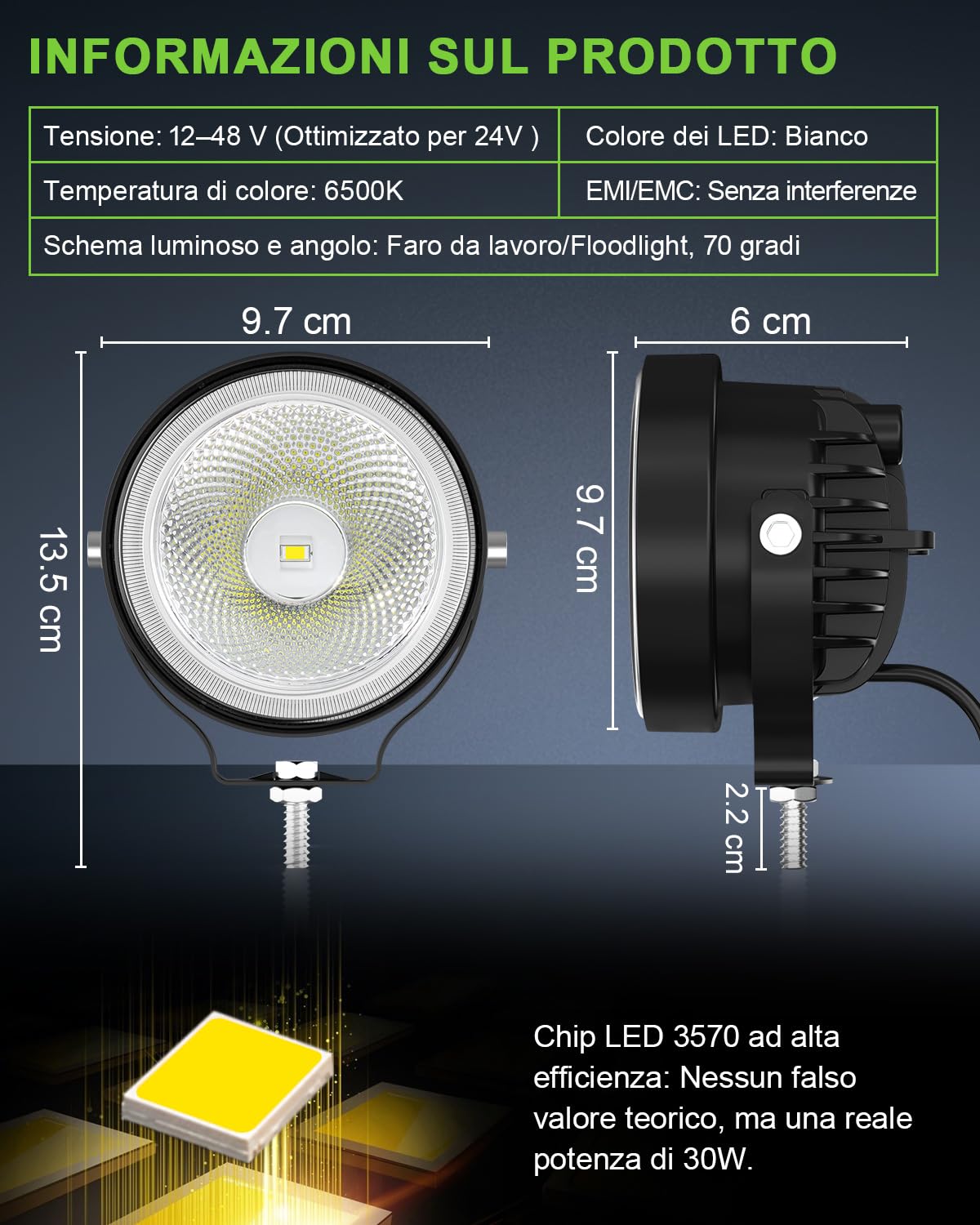 2 Pezzi Fari da Lavoro LED 60W 4 Pollici Rotondi, DC 12V-24V Faro Proiettore IP68 Impermeabile, Luci Ausiliarie per Trattore, Mezzi Edili, Camion, Escavatore, Atomizzatori Agricoli
