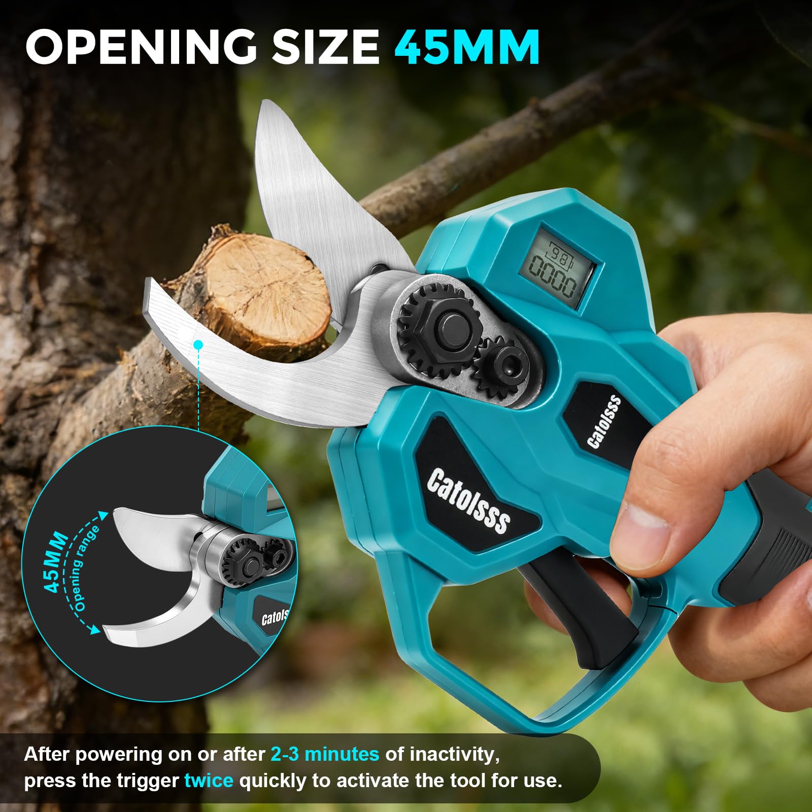 Akumulatorowe nożyce do gałęzi kompatybilne z akumulatorem Makita 18 V, otwór 32 mm, maks. 45 mm średnicy cięcia, z drążkiem przedłużającym 2 m, cyfrowym wyświetlaczem LCD, do przycinania drzew i